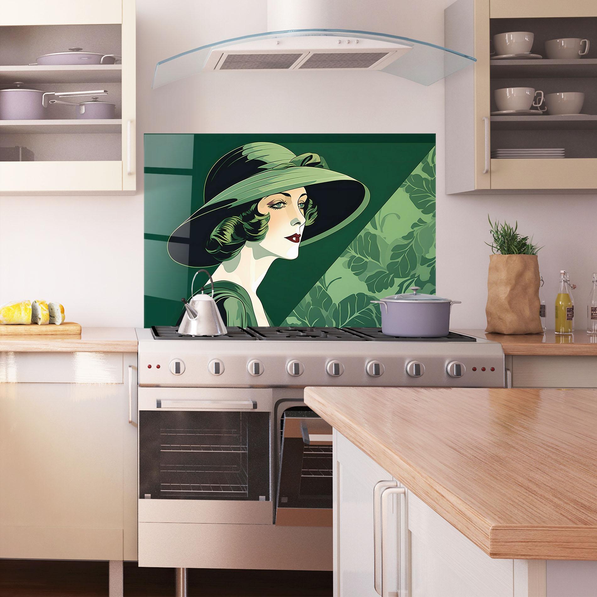 Konyhai üveg hátfal Green Woman Painting mockup 1