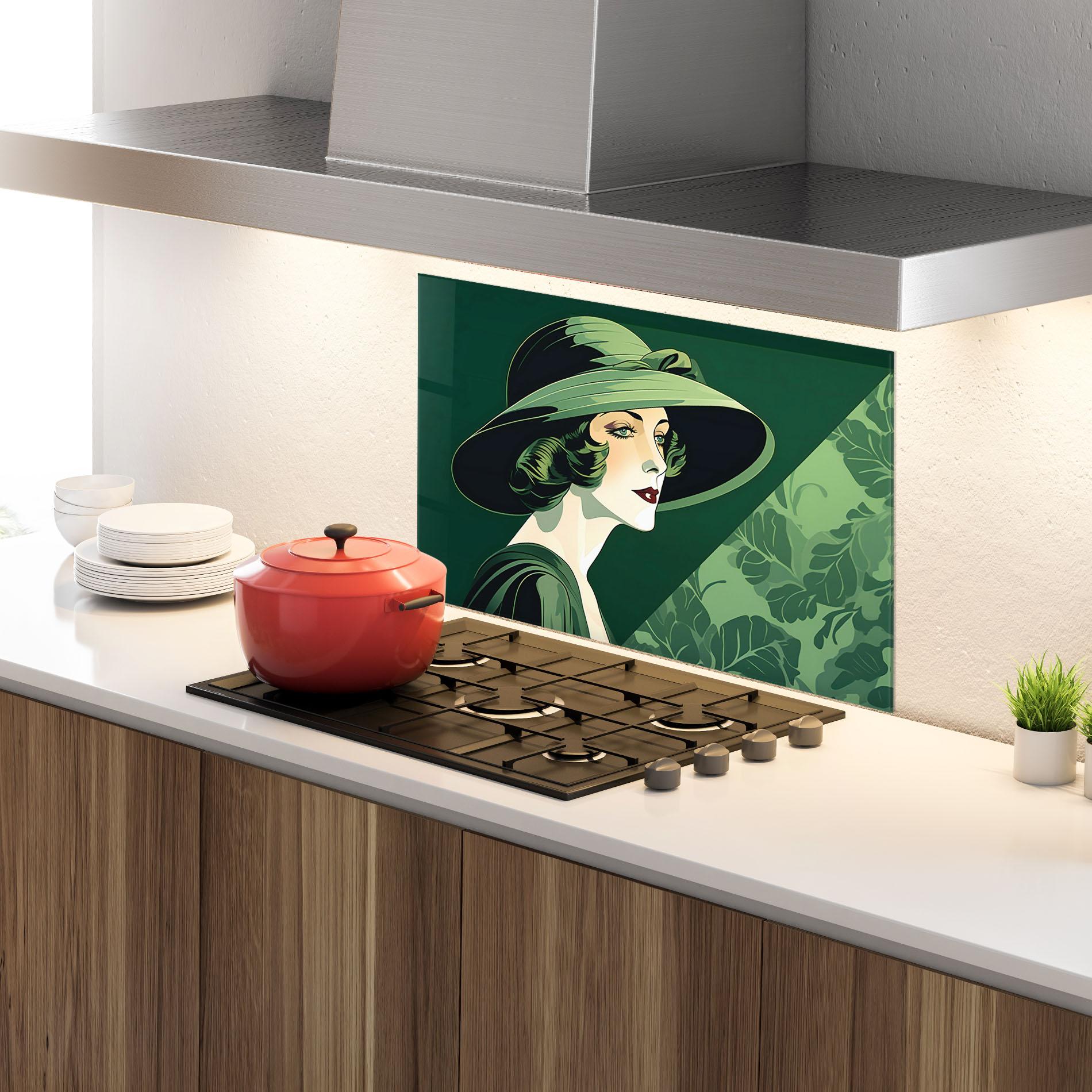 Konyhai üveg hátfal Green Woman Painting mockup 4