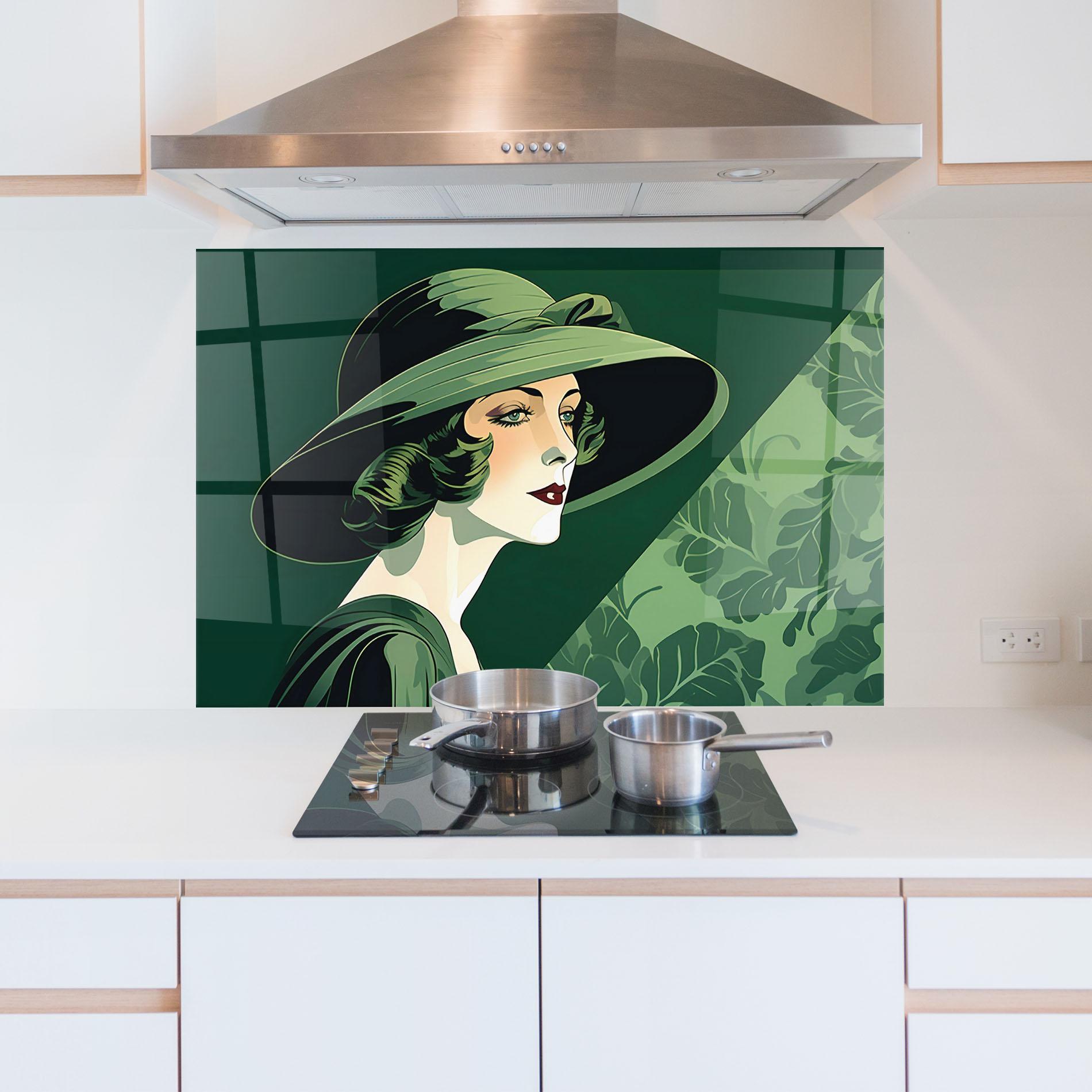 Konyhai üveg hátfal Green Woman Painting mockup 5