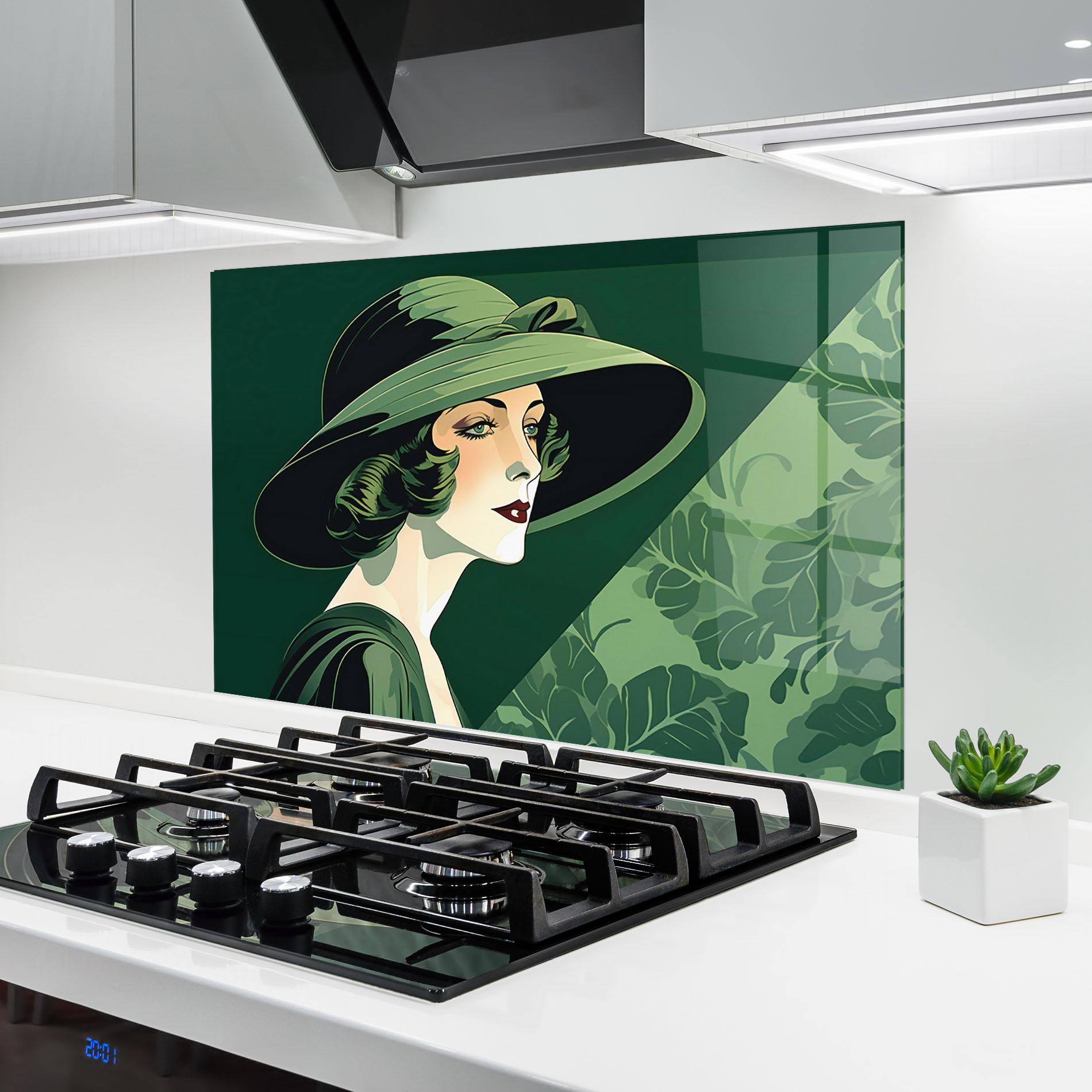 Konyhai üveg hátfal Green Woman Painting mockup 6
