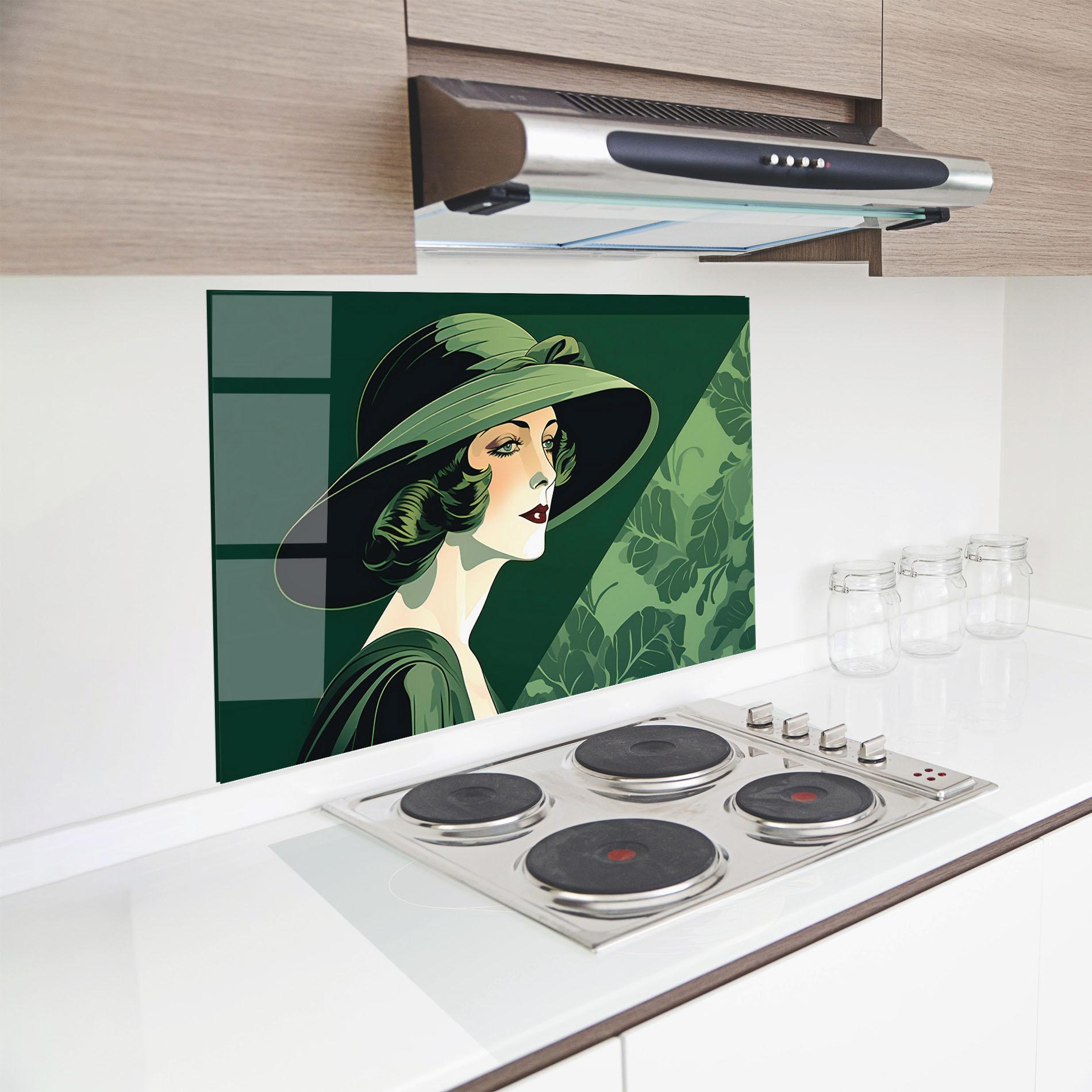 Konyhai üveg hátfal Green Woman Painting mockup 8