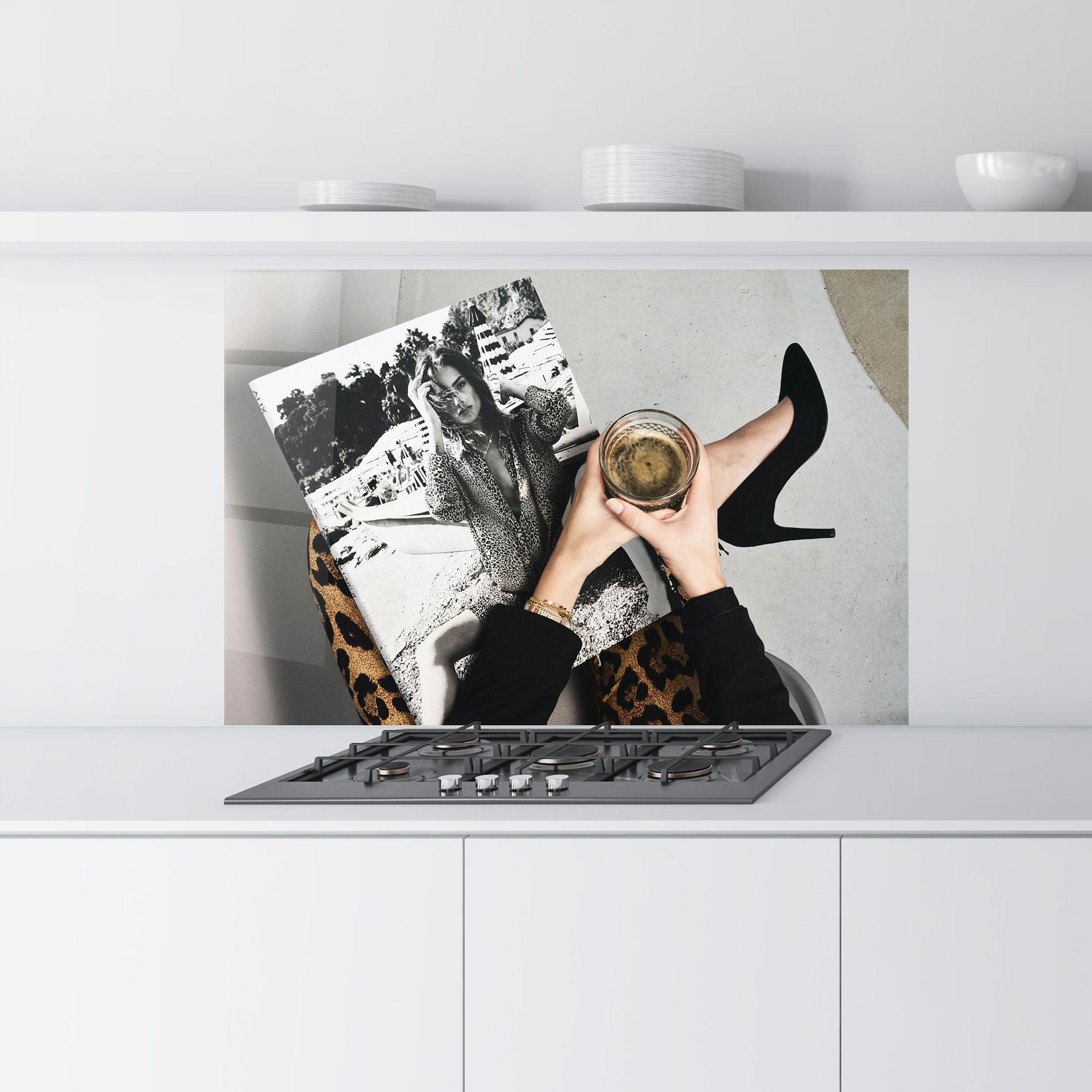 Konyhai üveg hátfal Black Shoes Holding Coffee mockup 9