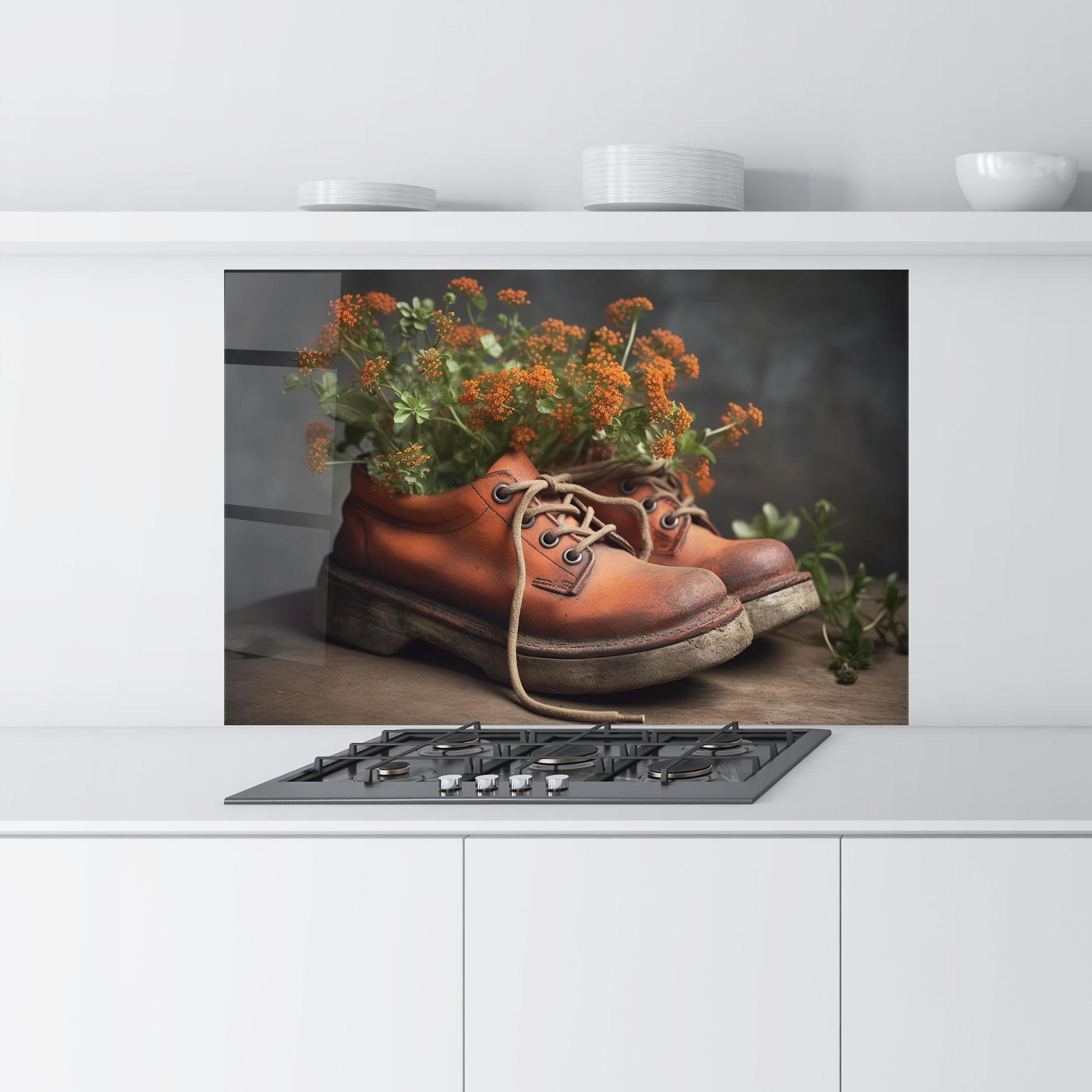Konyhai üveg hátfal Old Boot Spring Flowers mockup 9