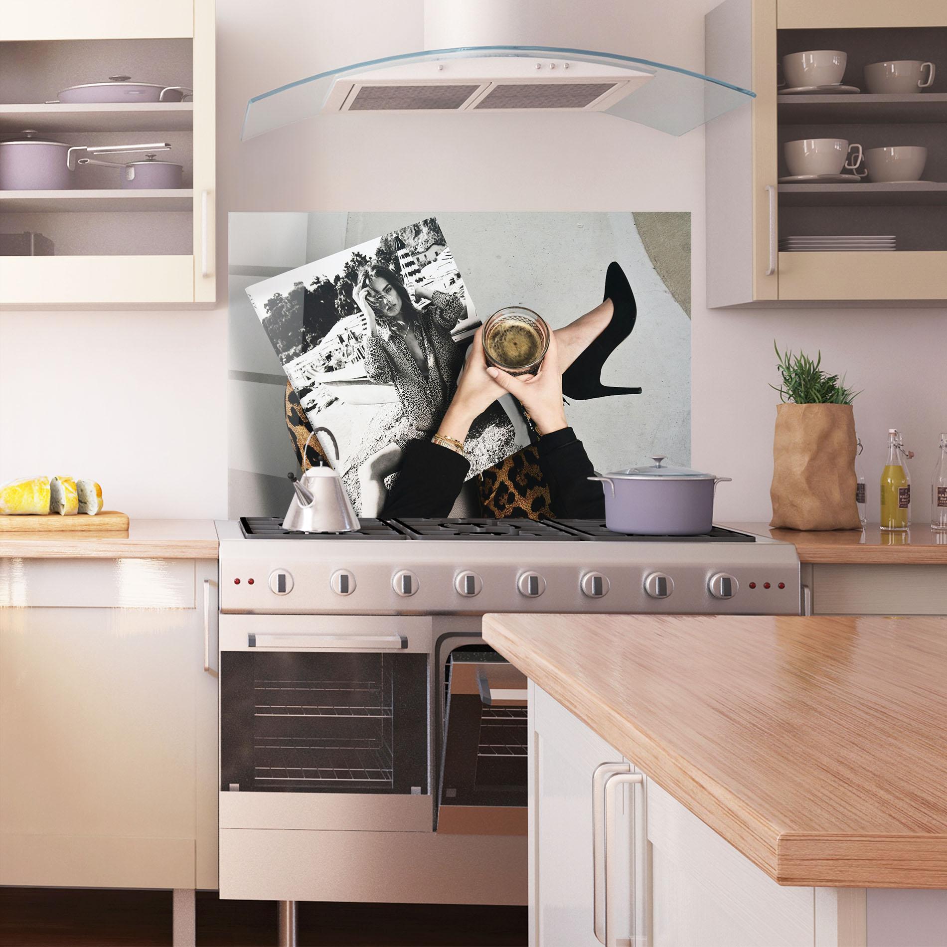 Konyhai üveg hátfal Black Shoes Holding Coffee mockup 1