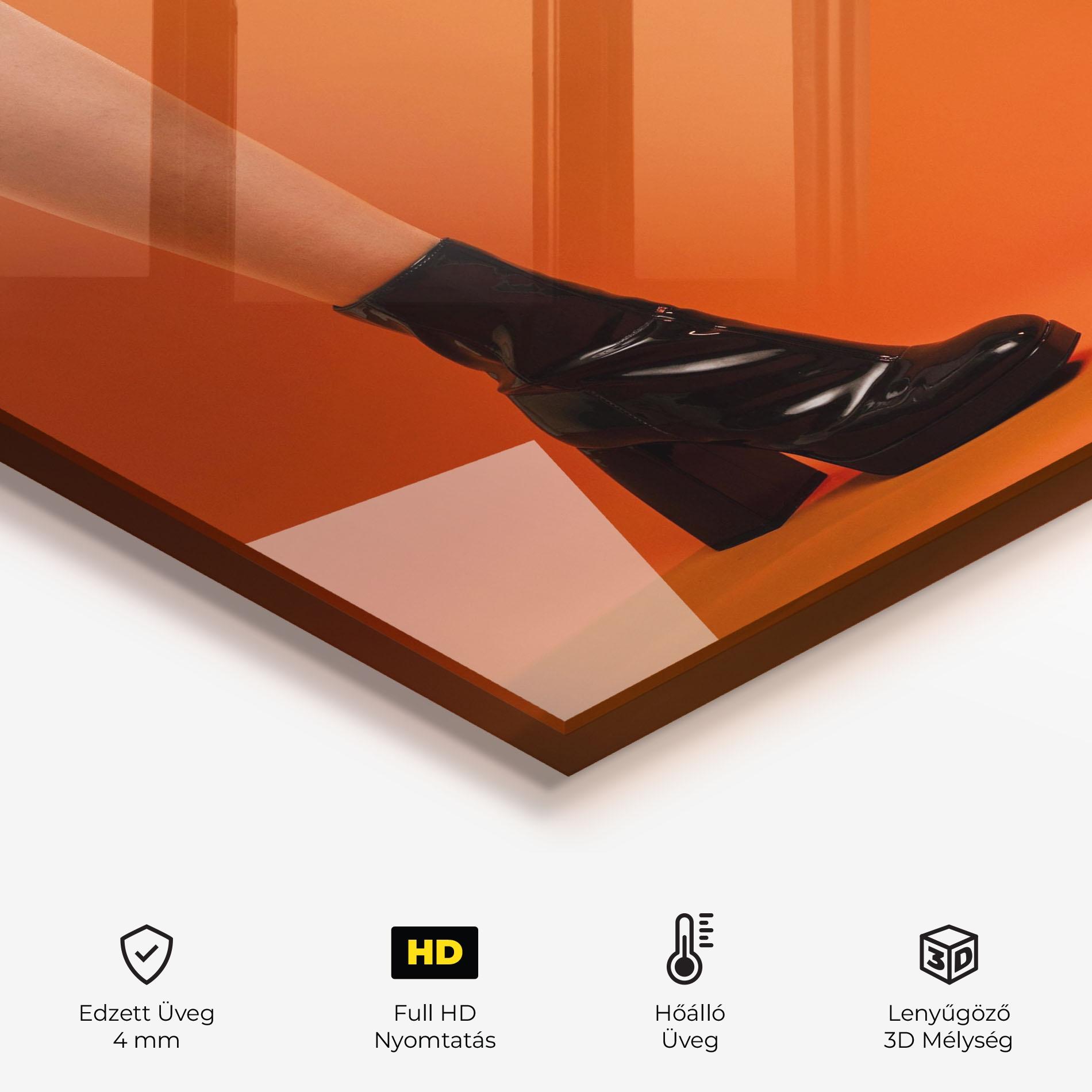 Konyhai üveg hátfal Black Boots On Orange mockup 2