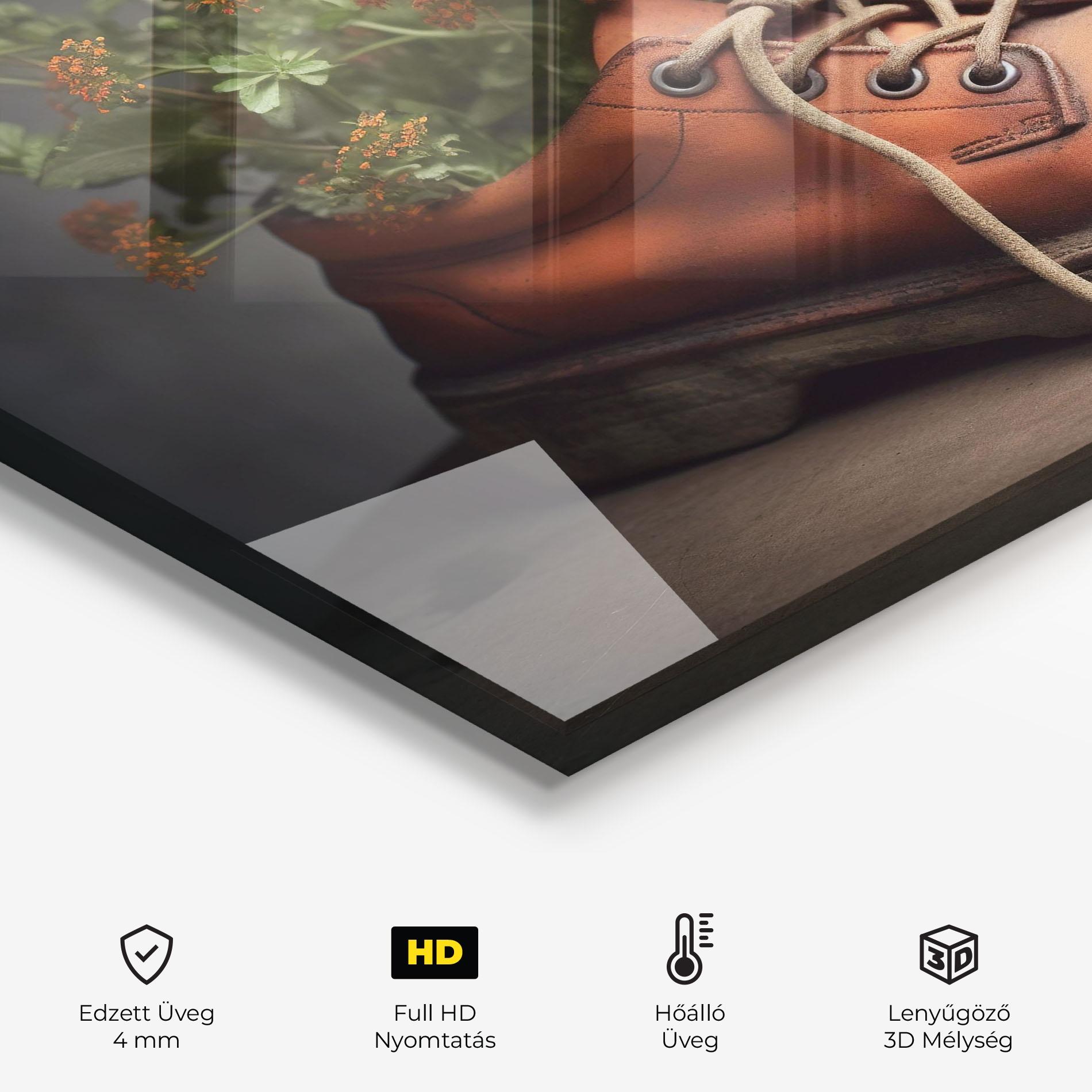 Konyhai üveg hátfal Old Boot Spring Flowers mockup 2