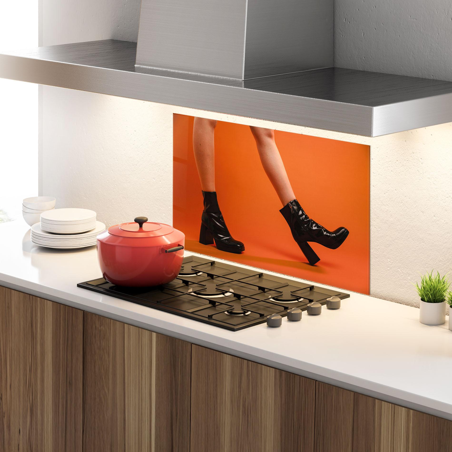 Konyhai üveg hátfal Black Boots On Orange mockup 4