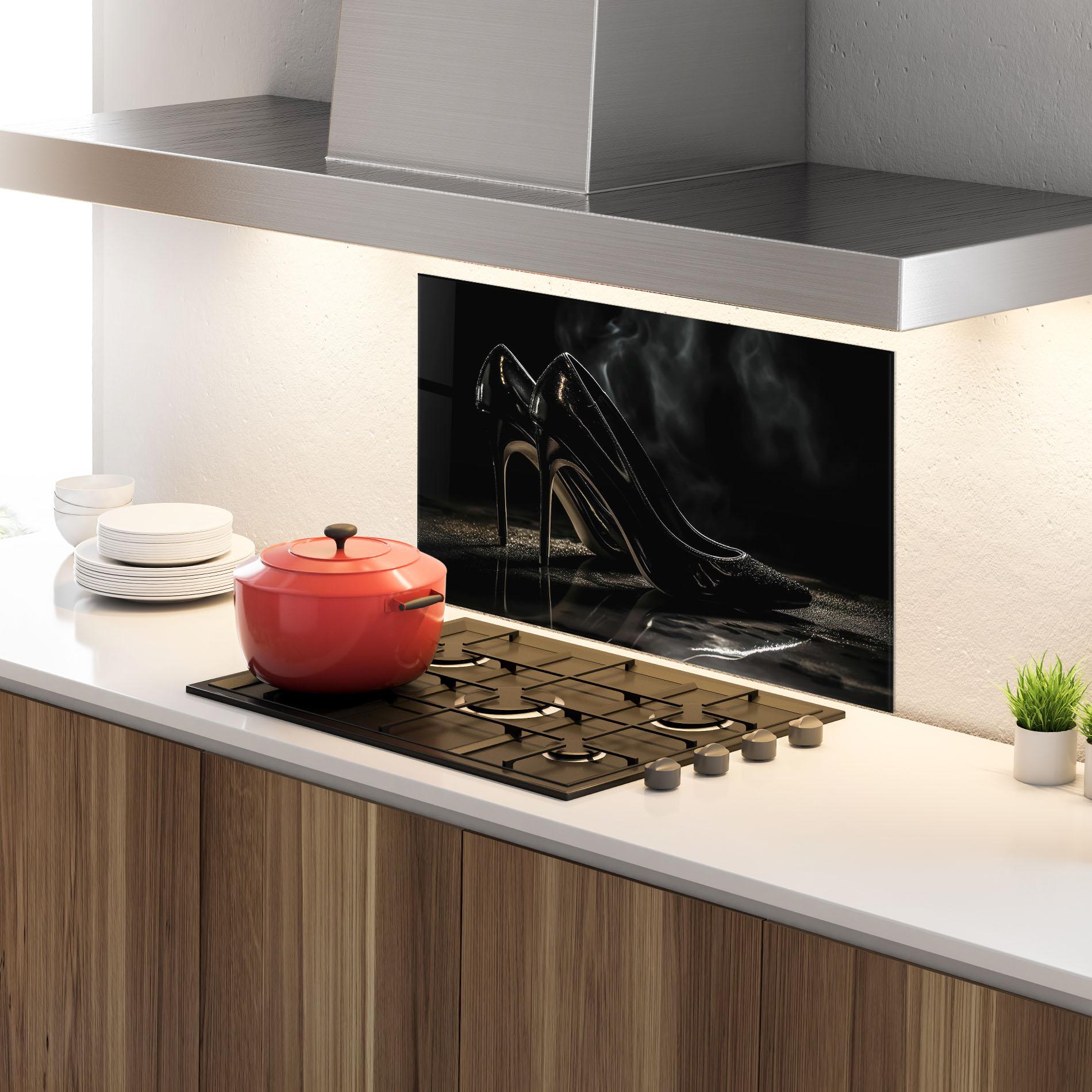 Konyhai üveg hátfal Black Leather Shoes mockup 4