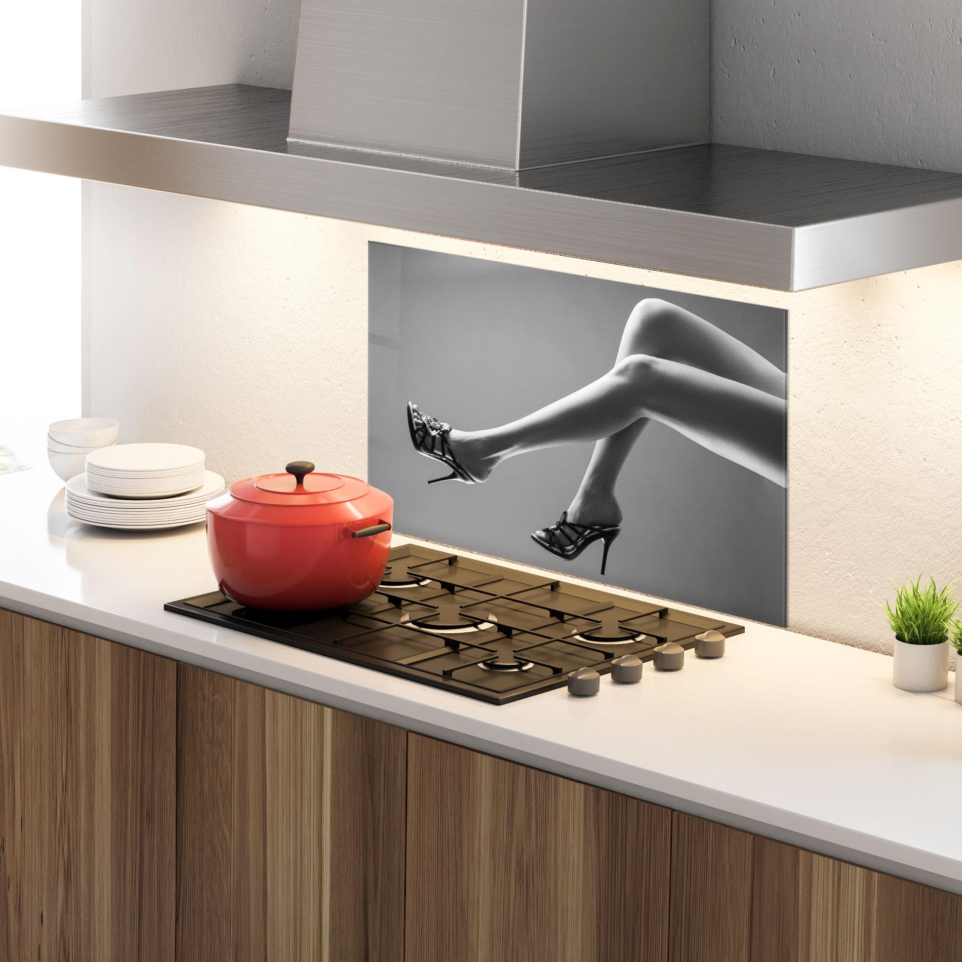 Konyhai üveg hátfal Black Shoes On Grey mockup 4