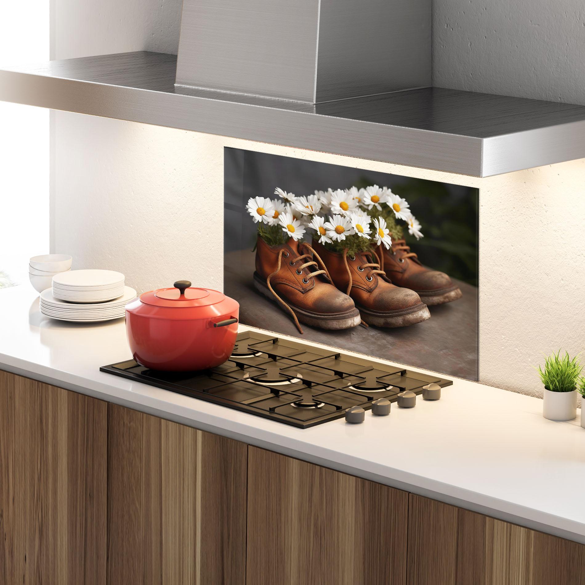 Konyhai üveg hátfal Old Boot Flowers mockup 4