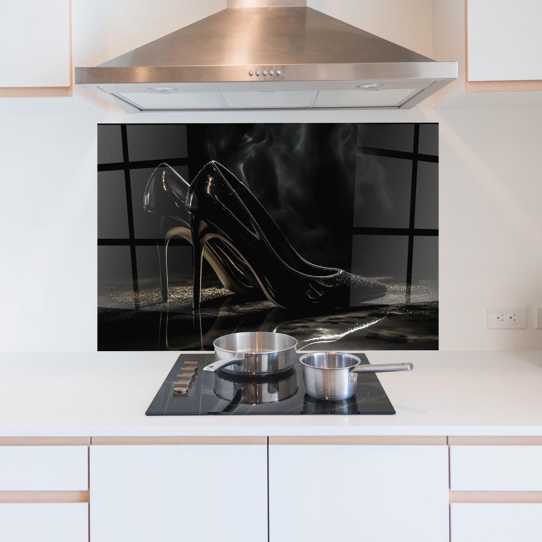 Konyhai üveg hátfal Black Leather Shoes mockup 5