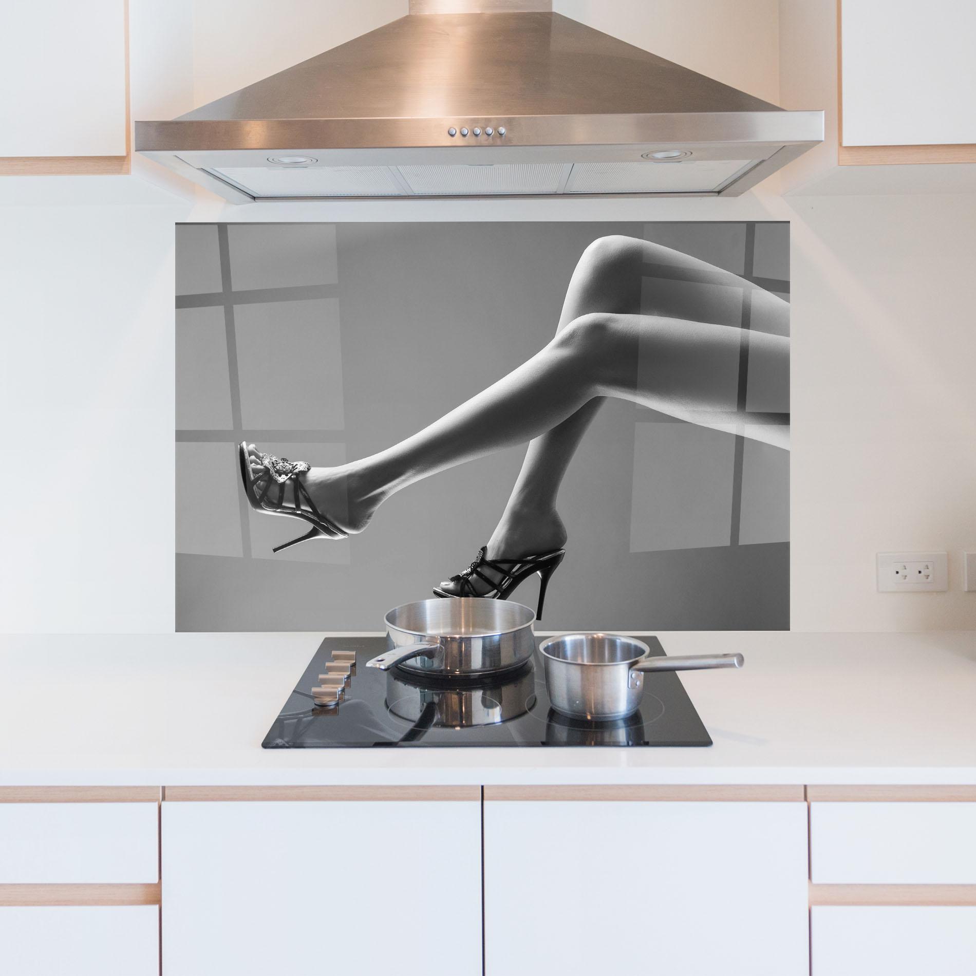 Konyhai üveg hátfal Black Shoes On Grey mockup 5