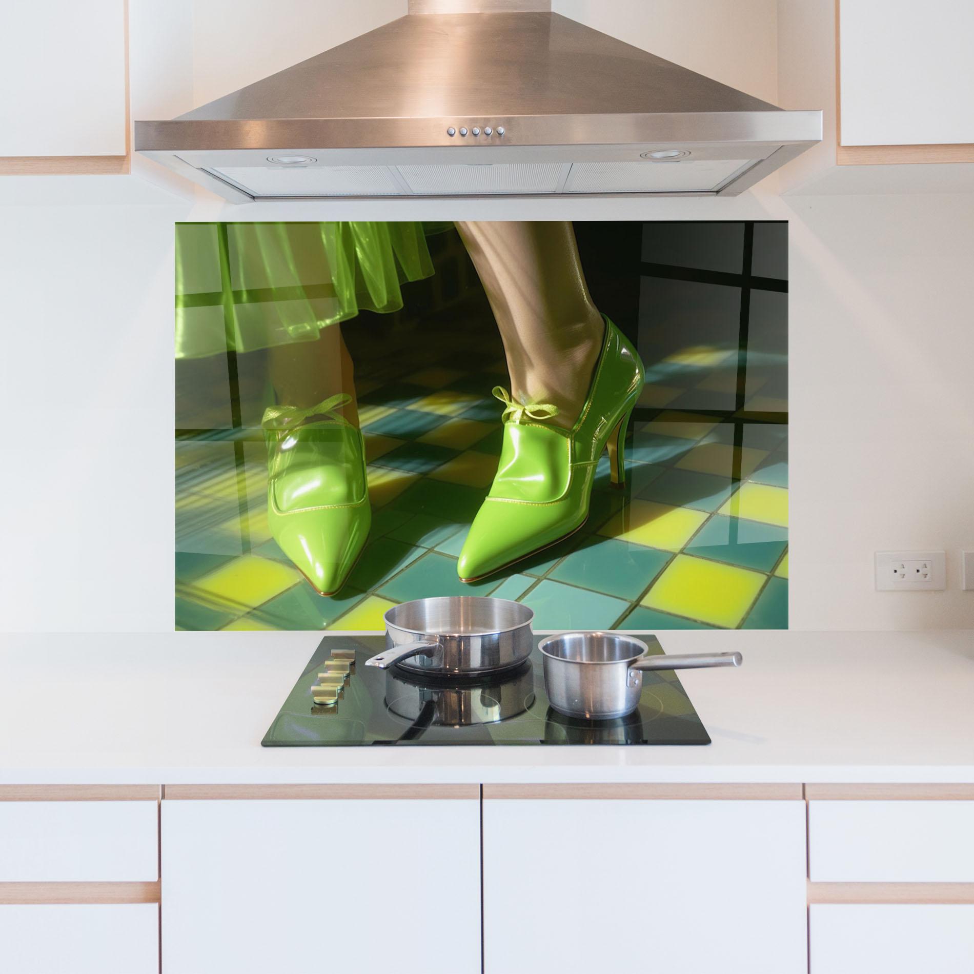 Konyhai üveg hátfal Green Elegant Shoes mockup 5