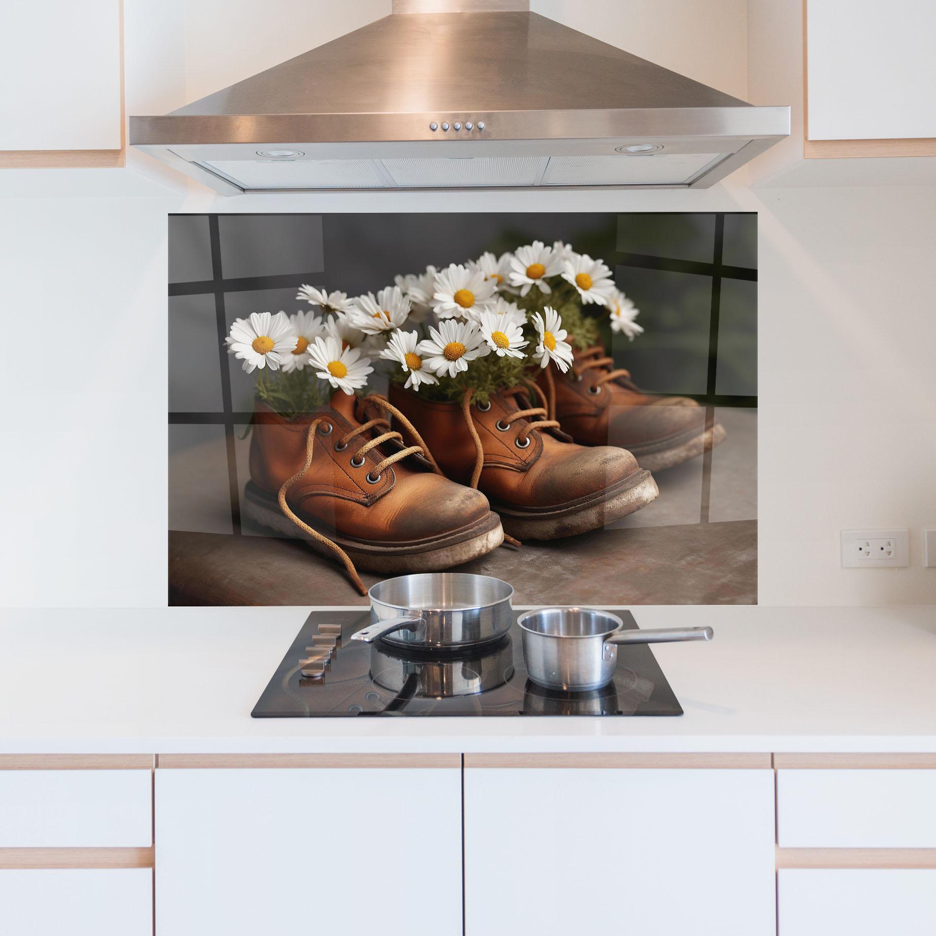 Konyhai üveg hátfal Old Boot Flowers mockup 5