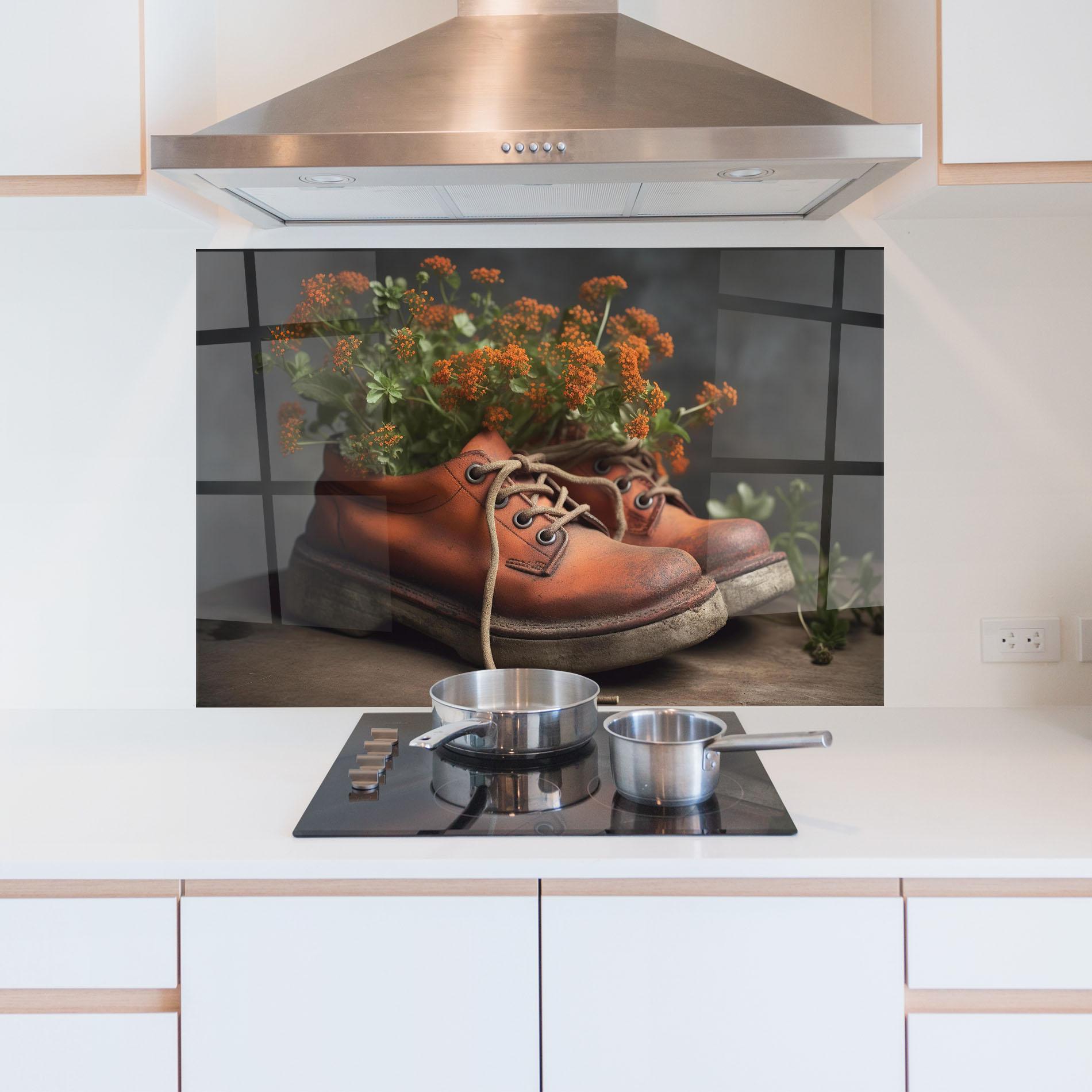Konyhai üveg hátfal Old Boot Spring Flowers mockup 5