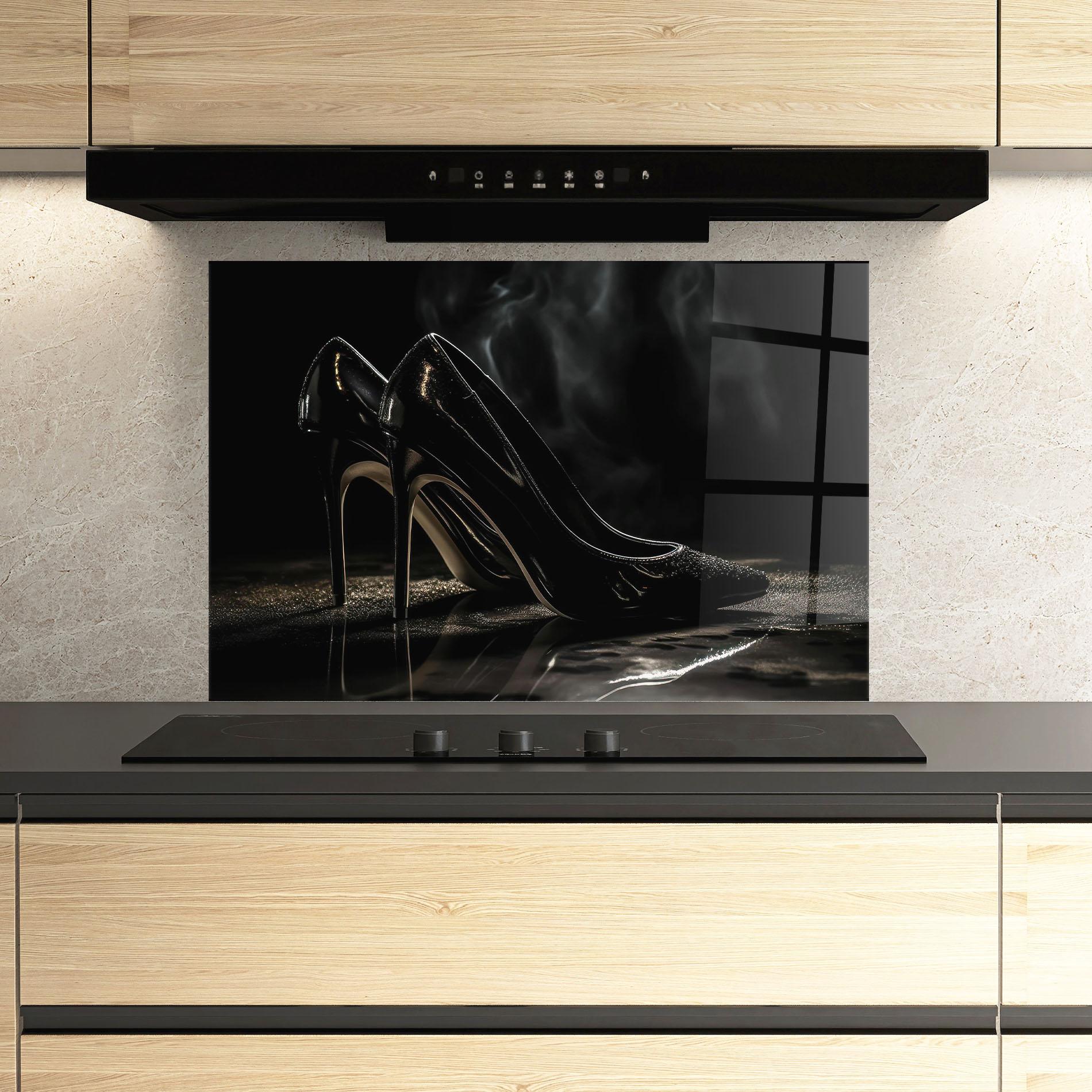 Konyhai üveg hátfal Black Leather Shoes mockup 3