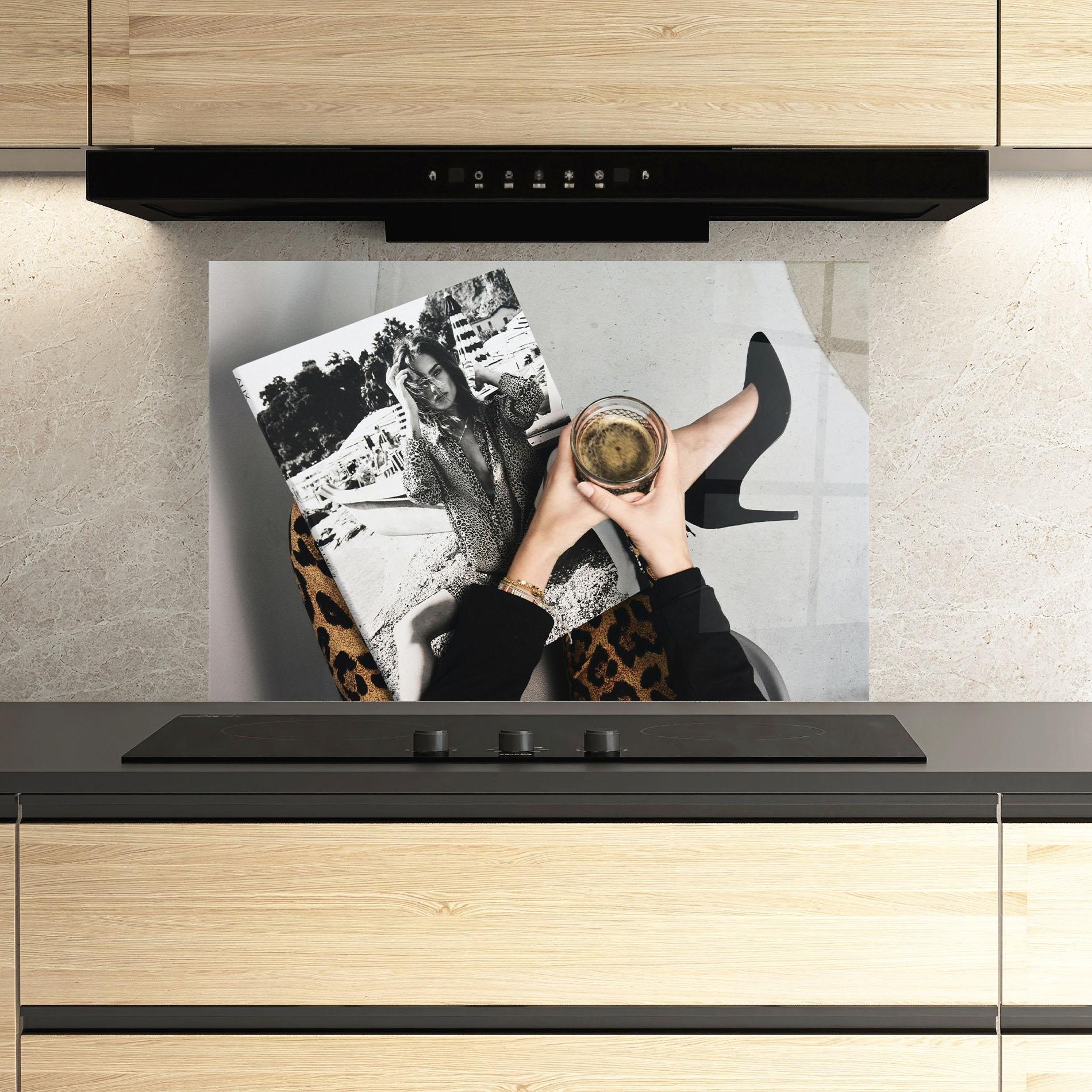 Konyhai üveg hátfal Black Shoes Holding Coffee mockup 3