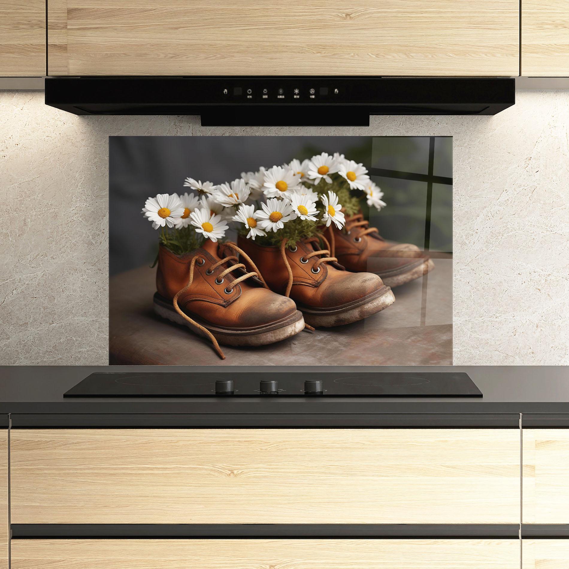 Konyhai üveg hátfal Old Boot Flowers mockup 3