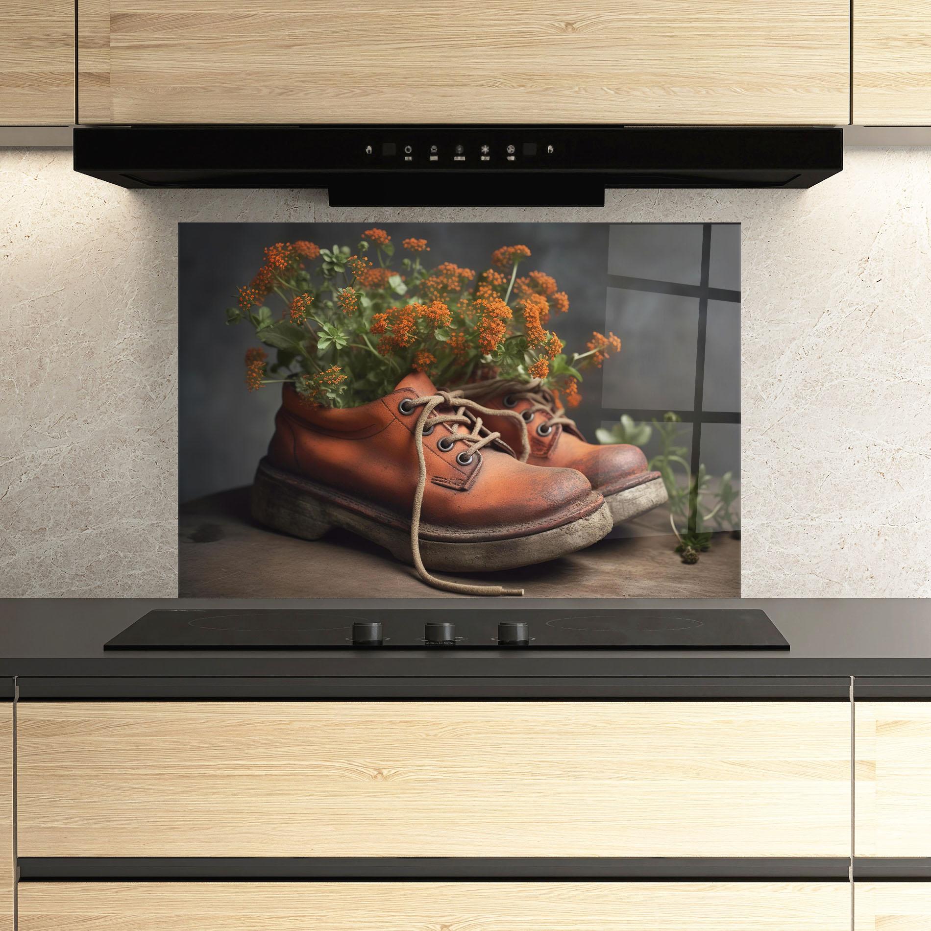 Konyhai üveg hátfal Old Boot Spring Flowers mockup 3