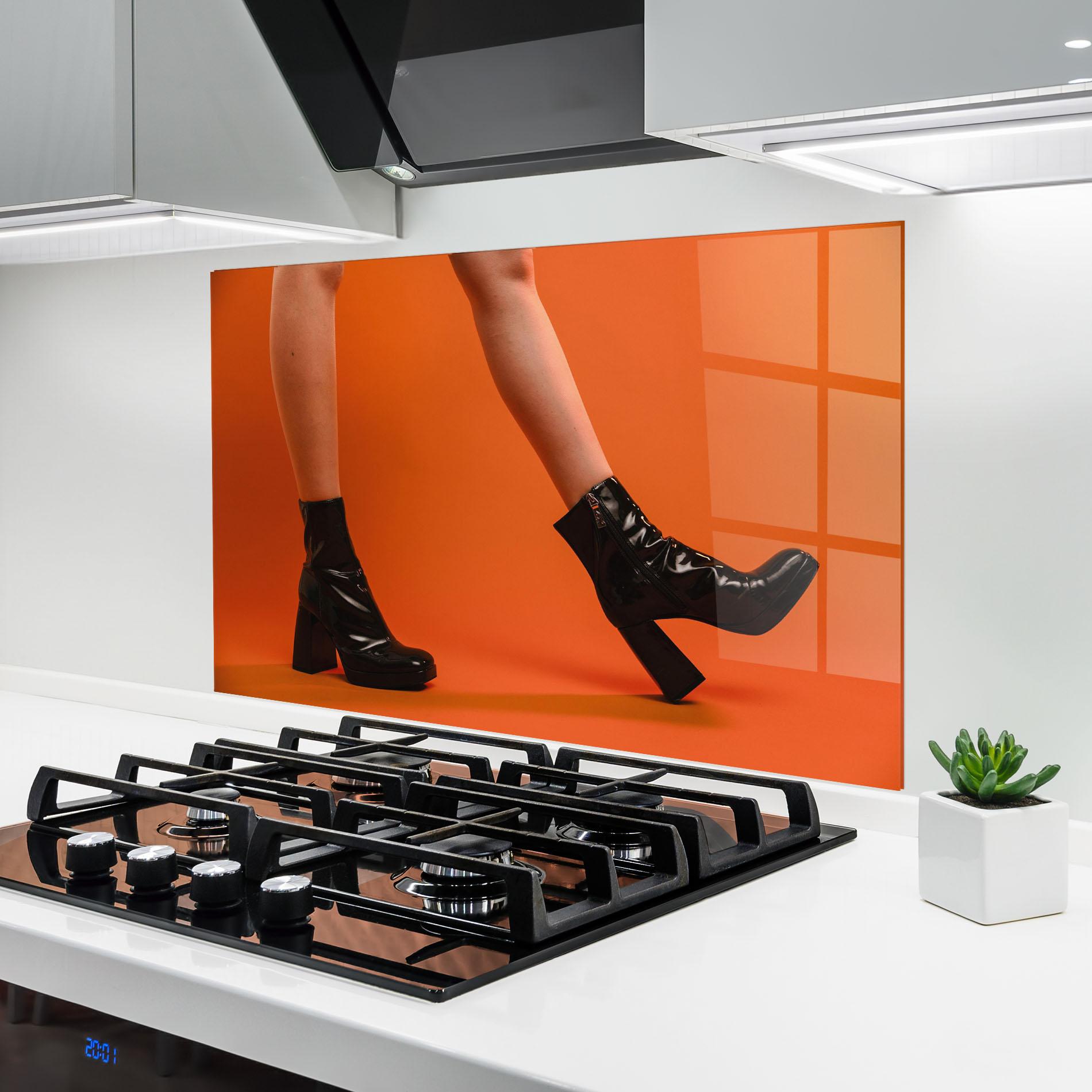 Konyhai üveg hátfal Black Boots On Orange mockup 6