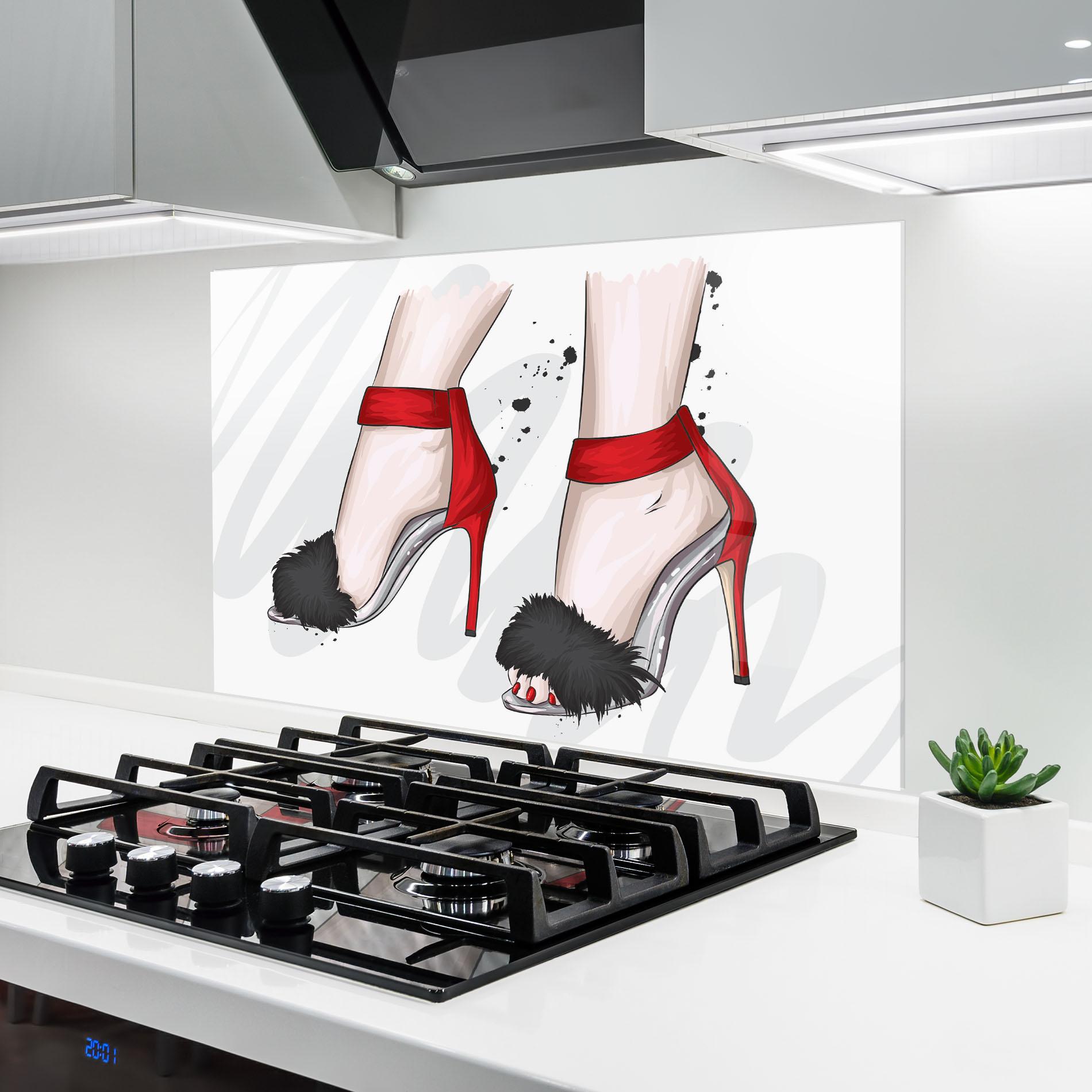 Konyhai üveg hátfal Black Red Heels mockup 6