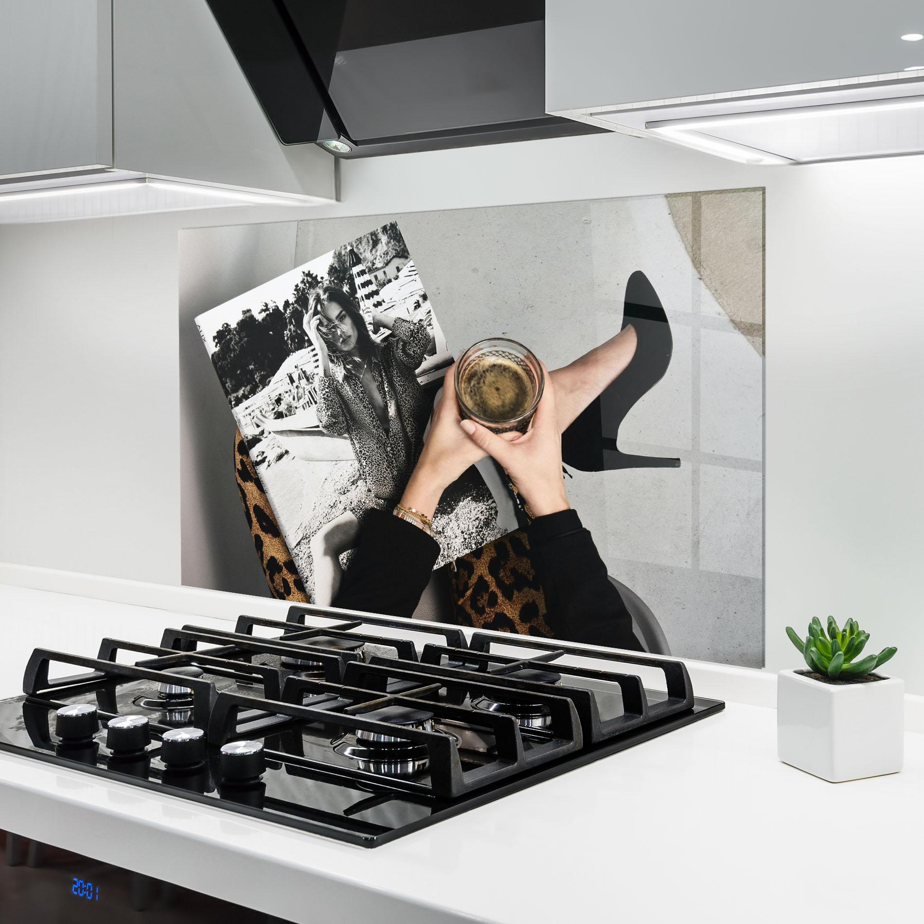 Konyhai üveg hátfal Black Shoes Holding Coffee mockup 6