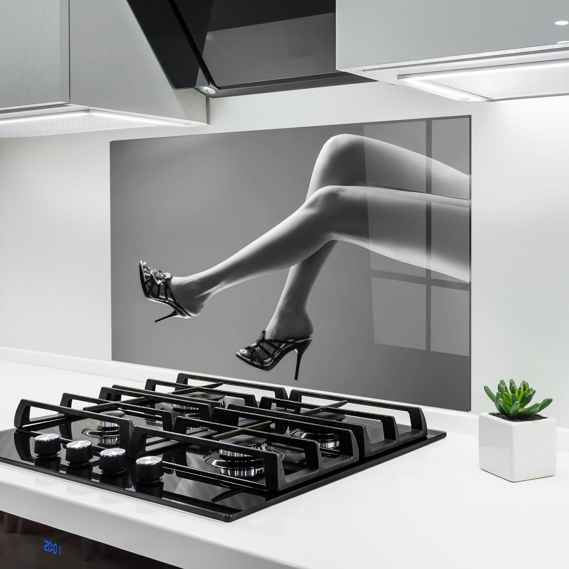 Konyhai üveg hátfal Black Shoes On Grey mockup 6