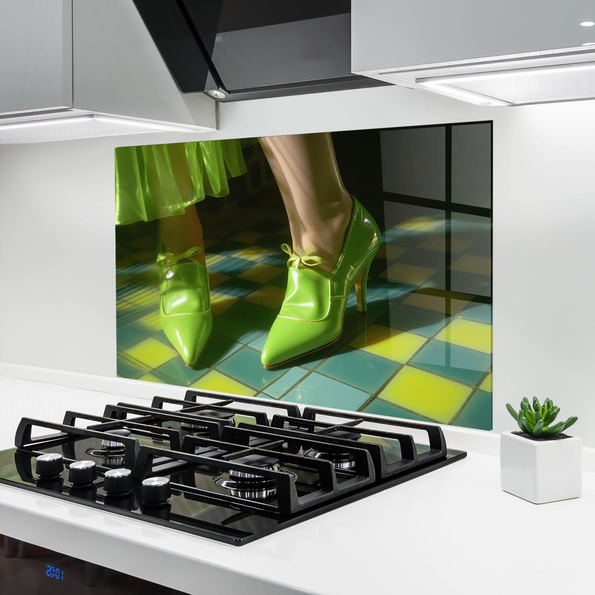 Konyhai üveg hátfal Green Elegant Shoes mockup 6