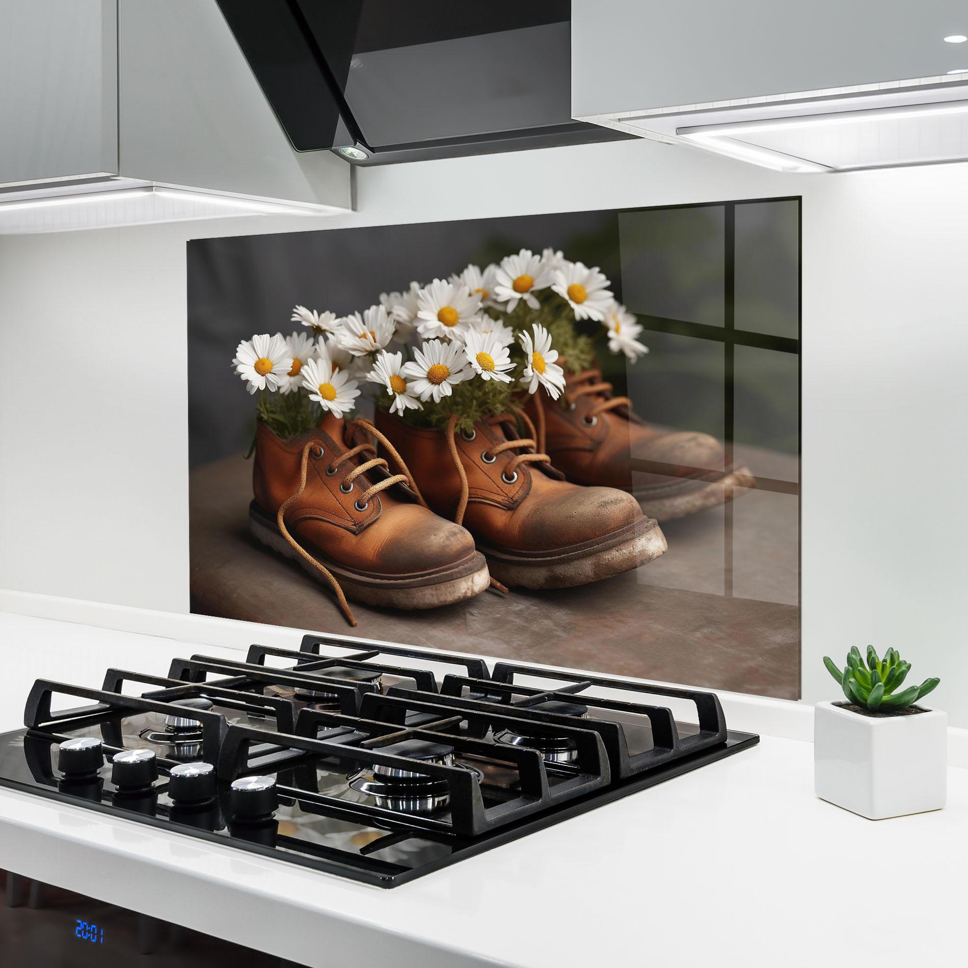 Konyhai üveg hátfal Old Boot Flowers mockup 6