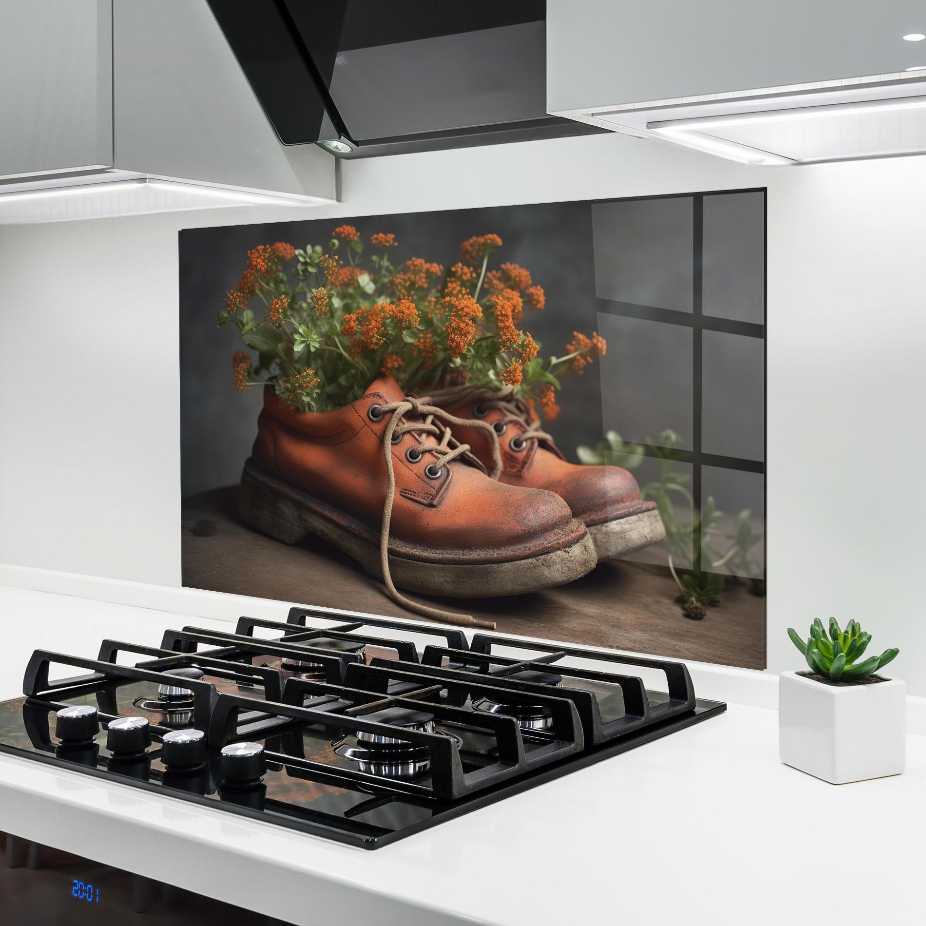 Konyhai üveg hátfal Old Boot Spring Flowers mockup 6