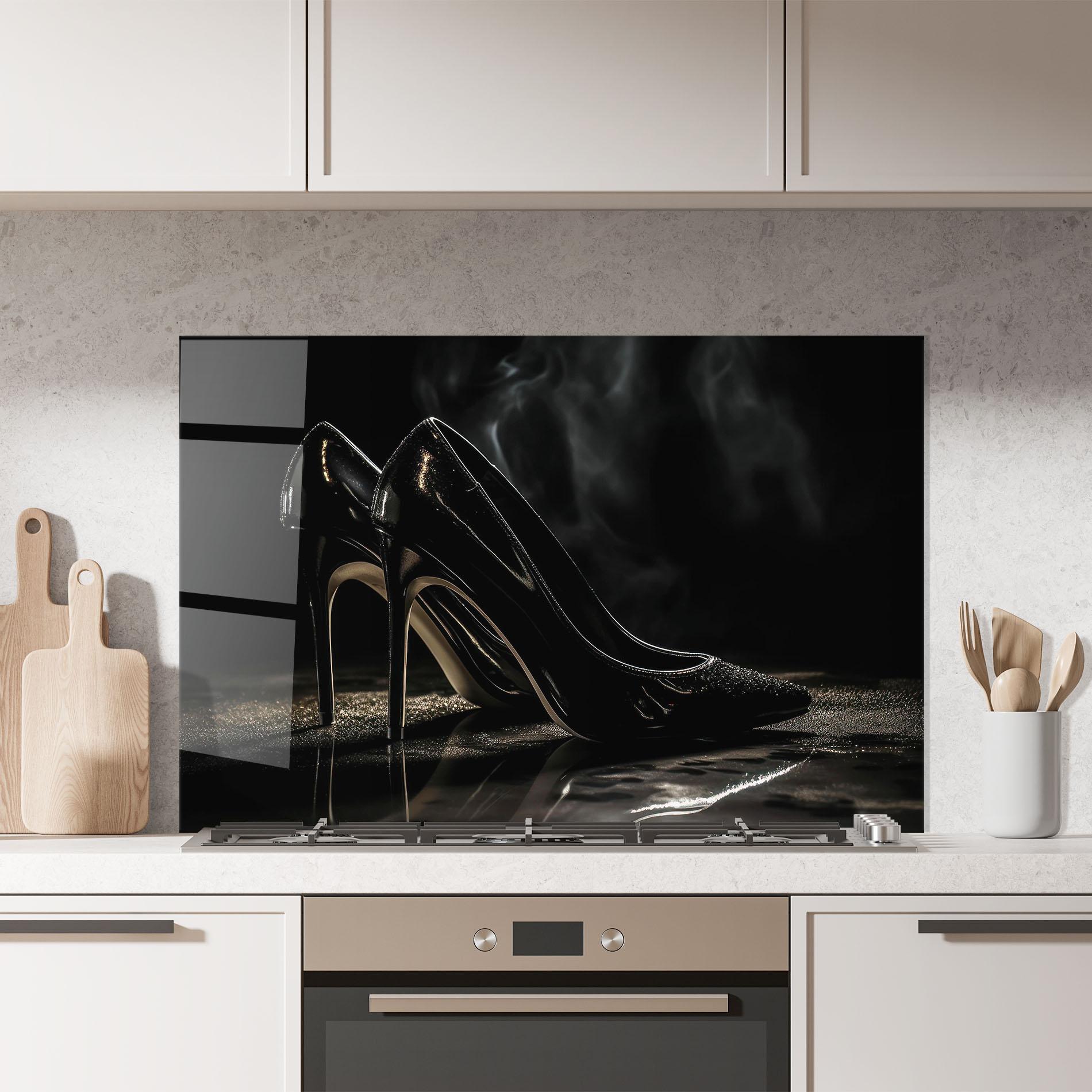 Konyhai üveg hátfal Black Leather Shoes mockup 7