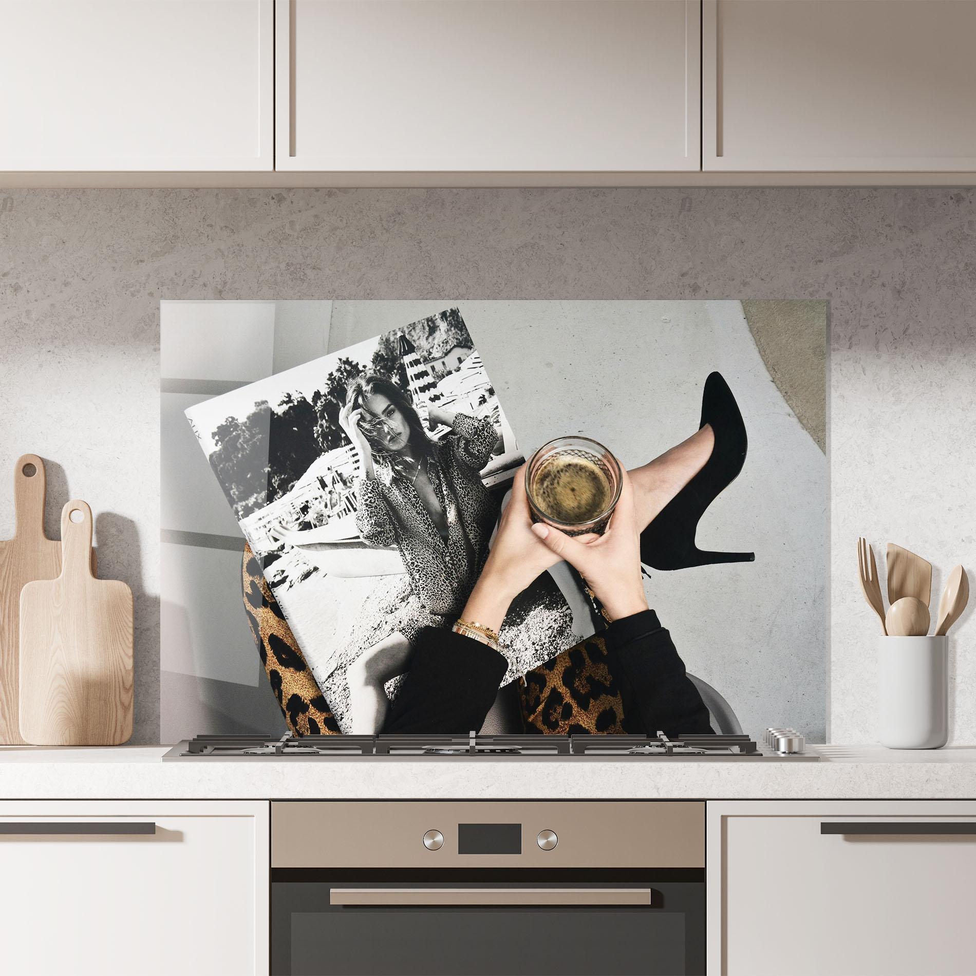 Konyhai üveg hátfal Black Shoes Holding Coffee mockup 7