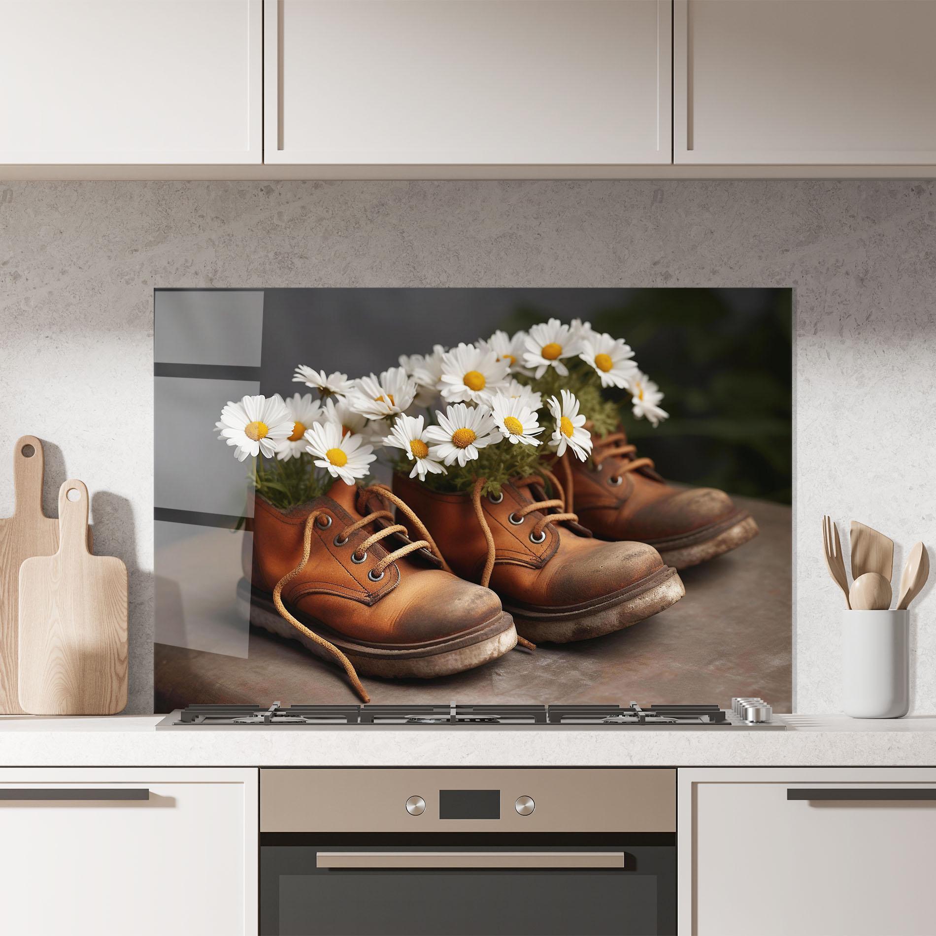 Konyhai üveg hátfal Old Boot Flowers mockup 7