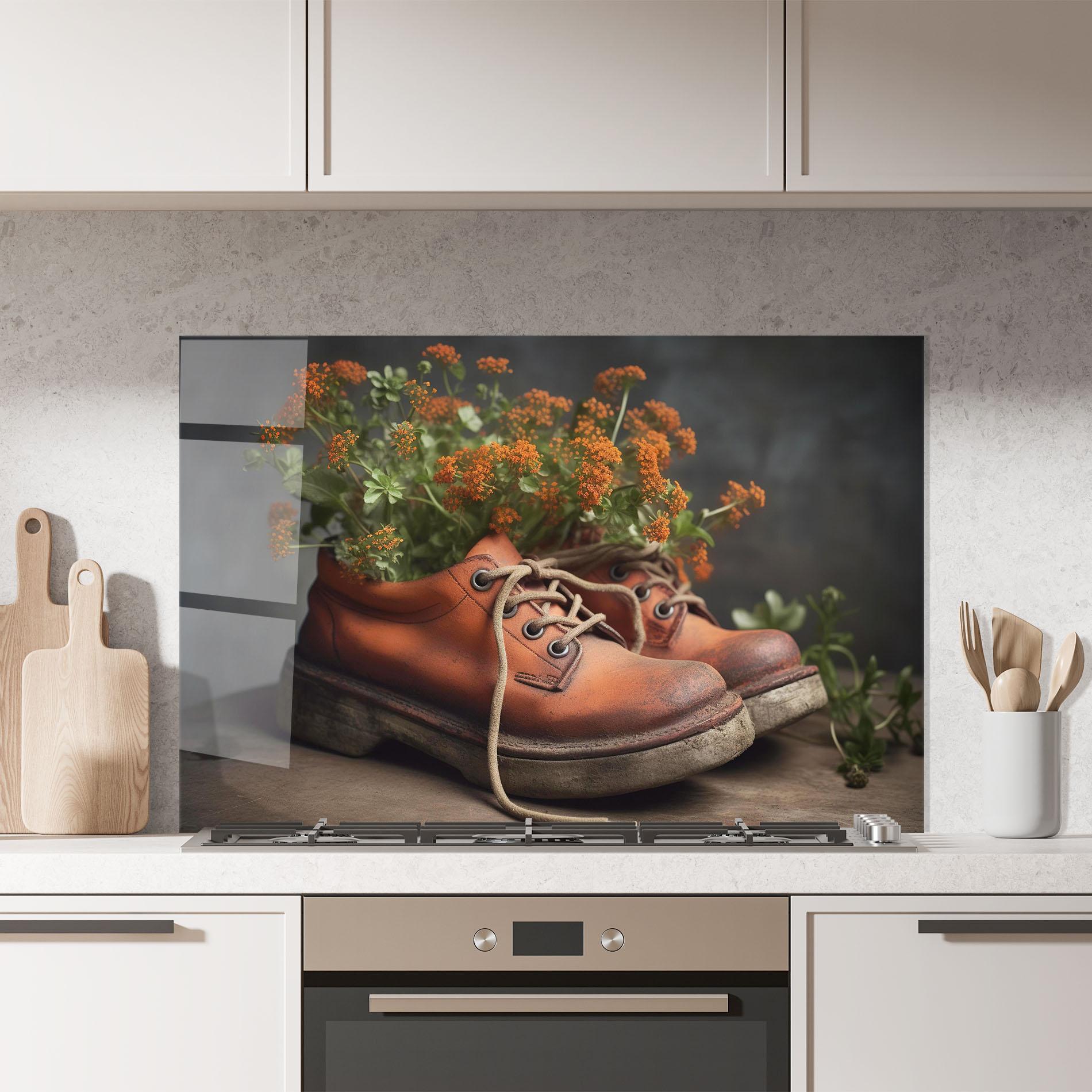 Konyhai üveg hátfal Old Boot Spring Flowers mockup 7