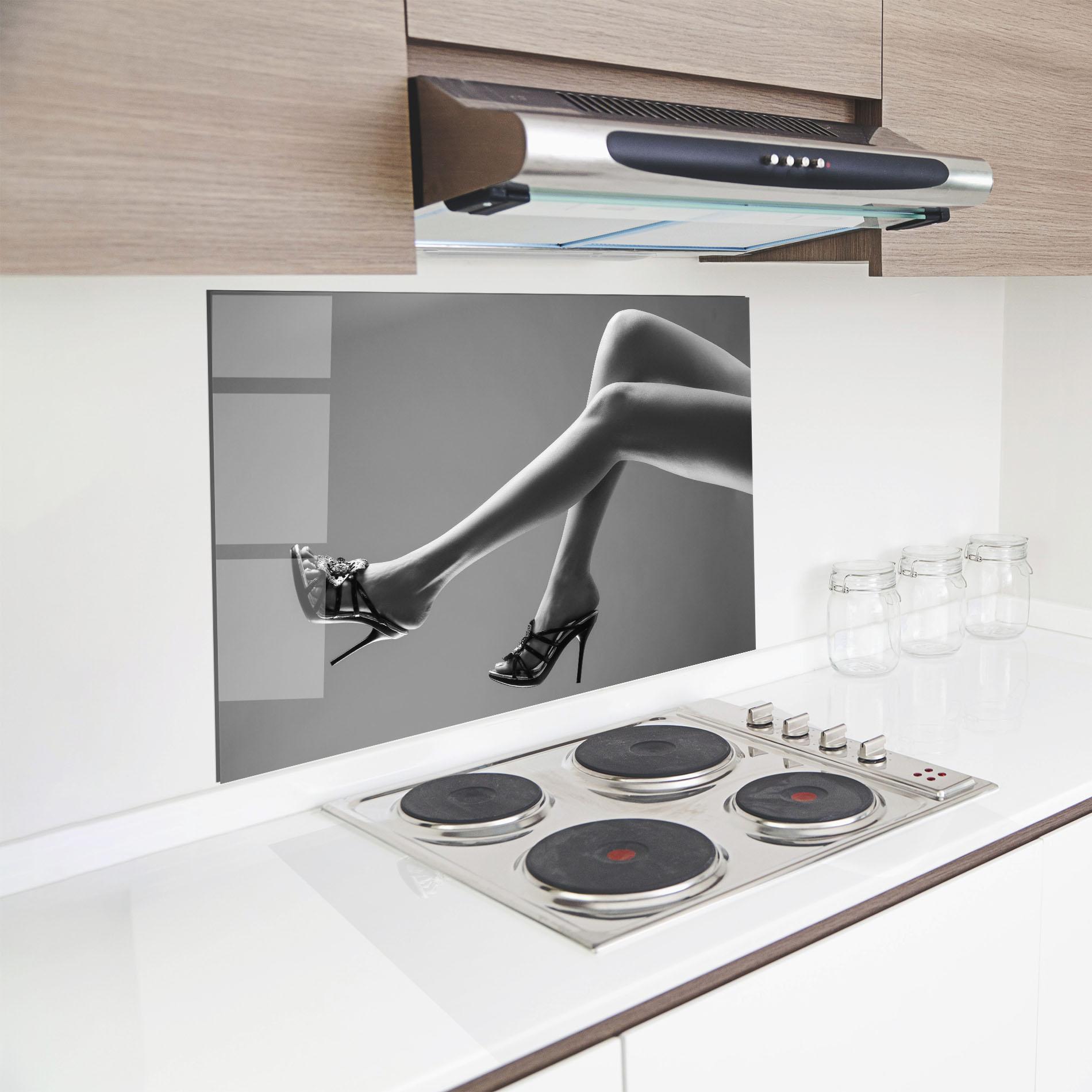 Konyhai üveg hátfal Black Shoes On Grey mockup 8