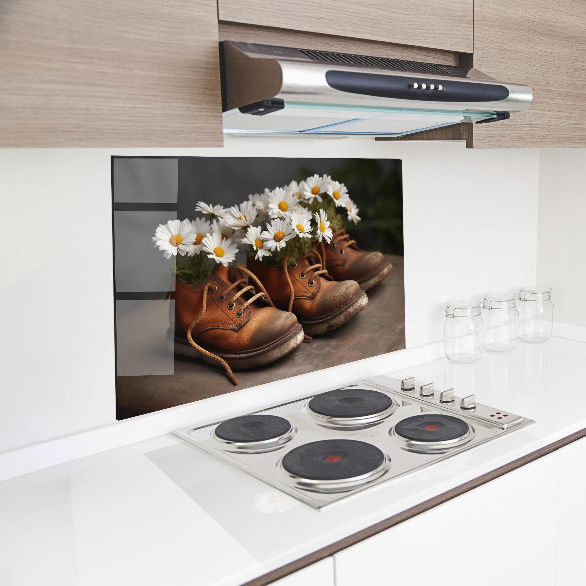 Konyhai üveg hátfal Old Boot Flowers mockup 8