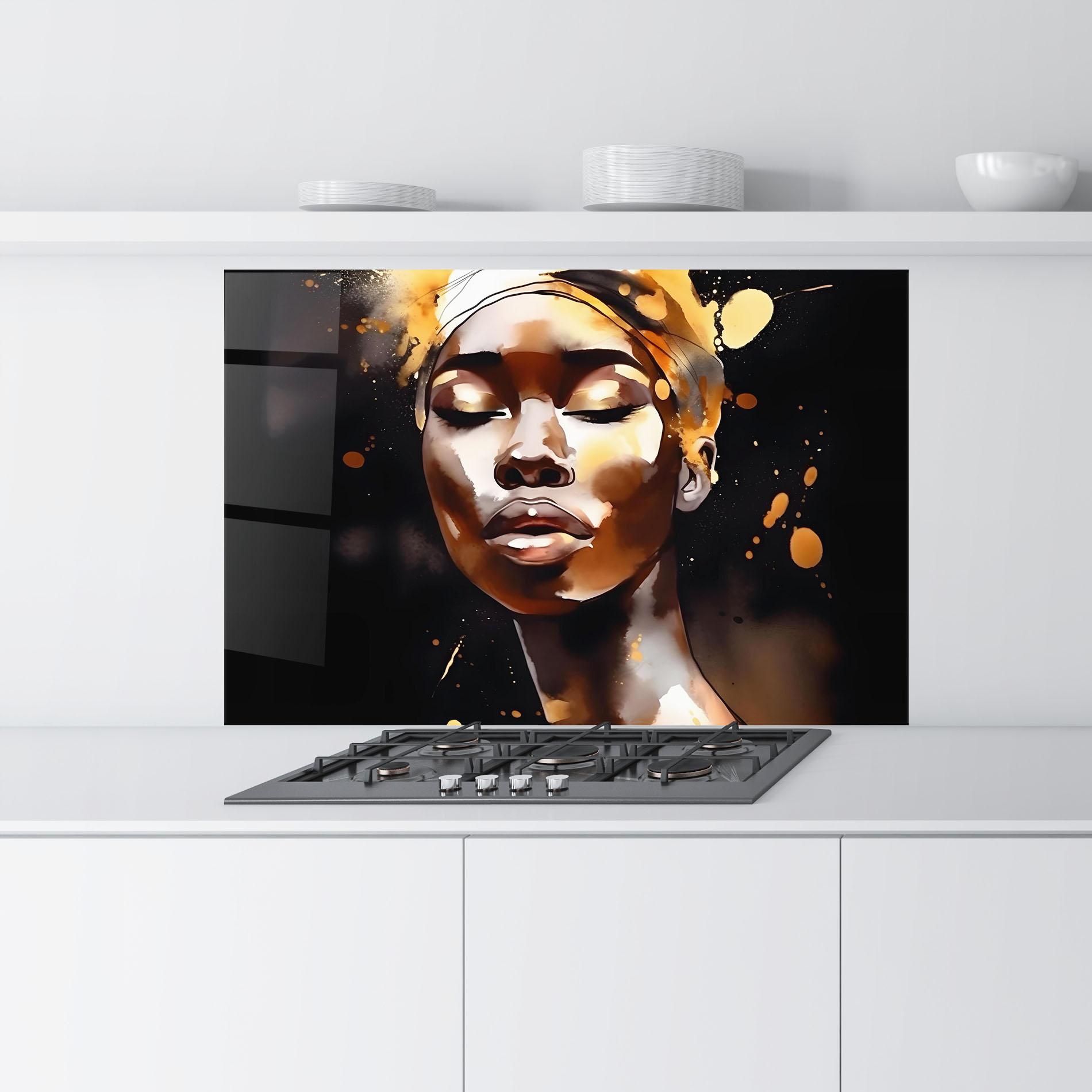 Konyhai üveg hátfal Abstract Gold Woman mockup 9