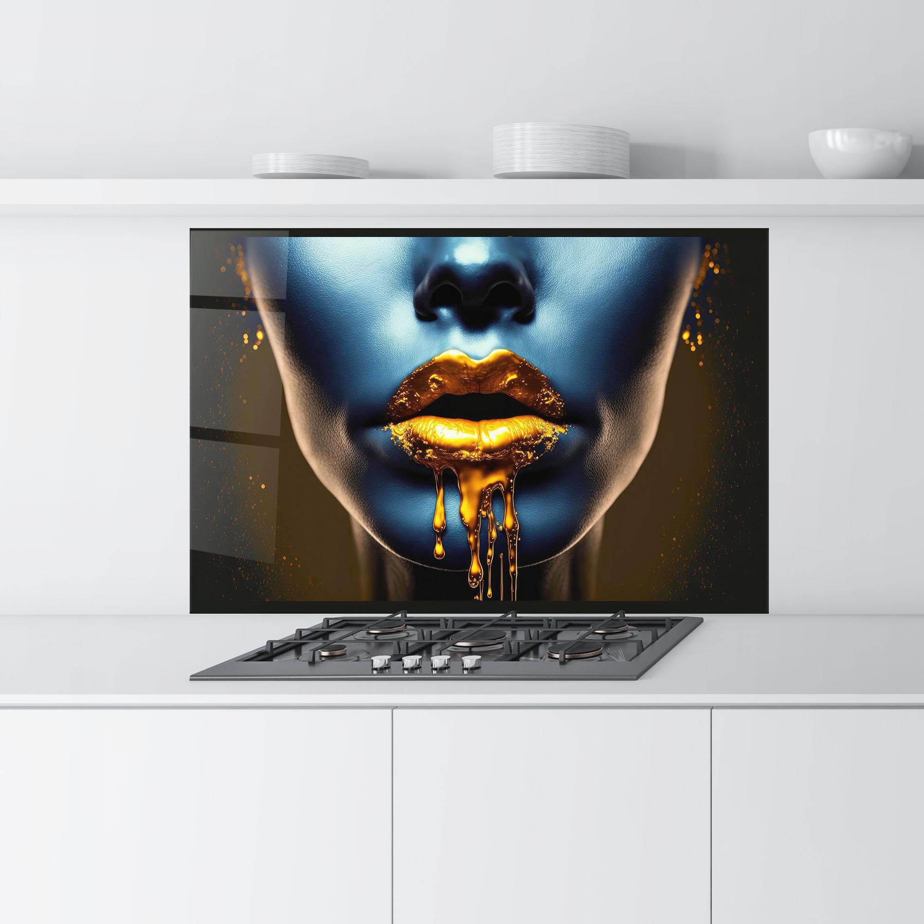 Konyhai üveg hátfal Gold Liquid Blue mockup 9