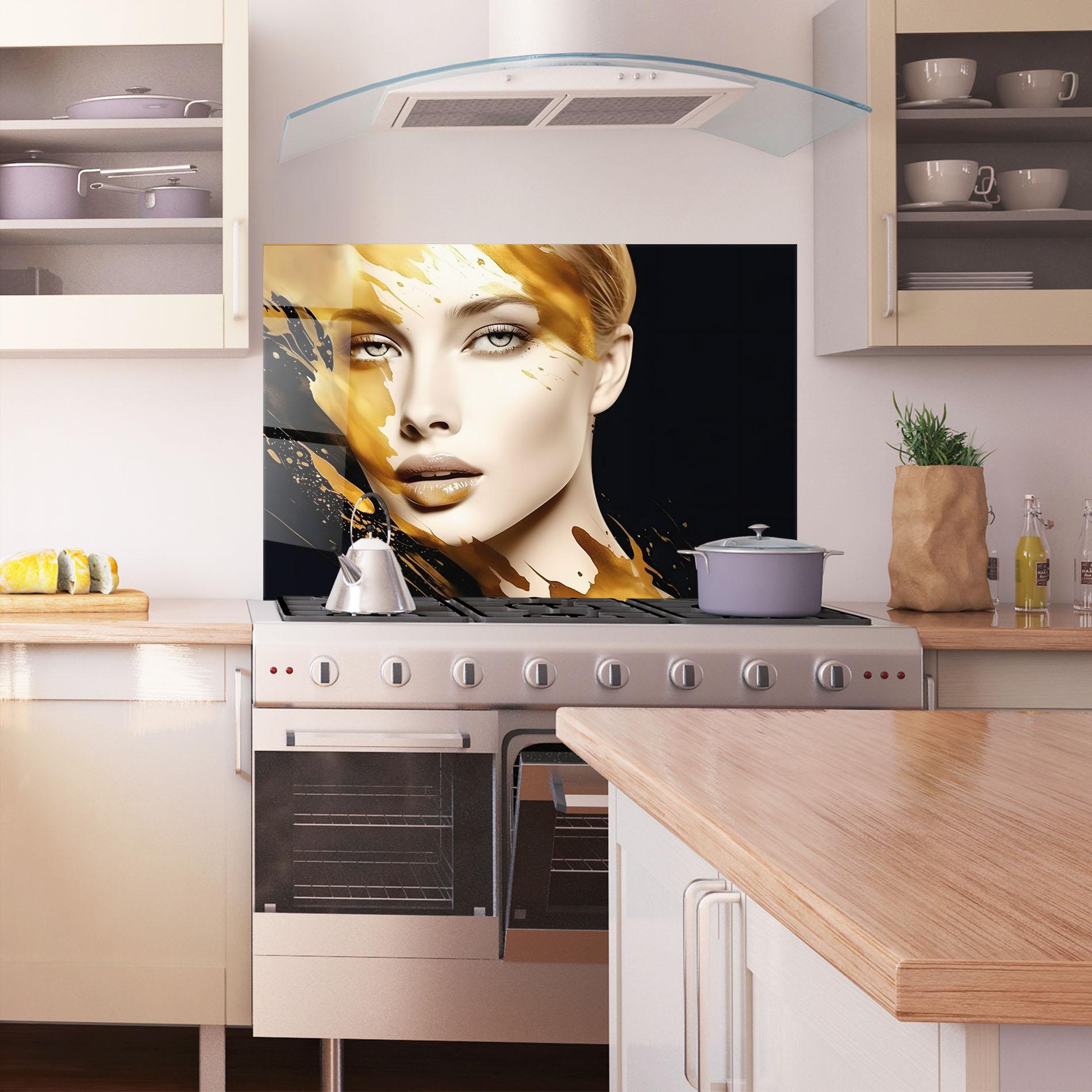 Konyhai üveg hátfal Blonde Gold Woman mockup 1