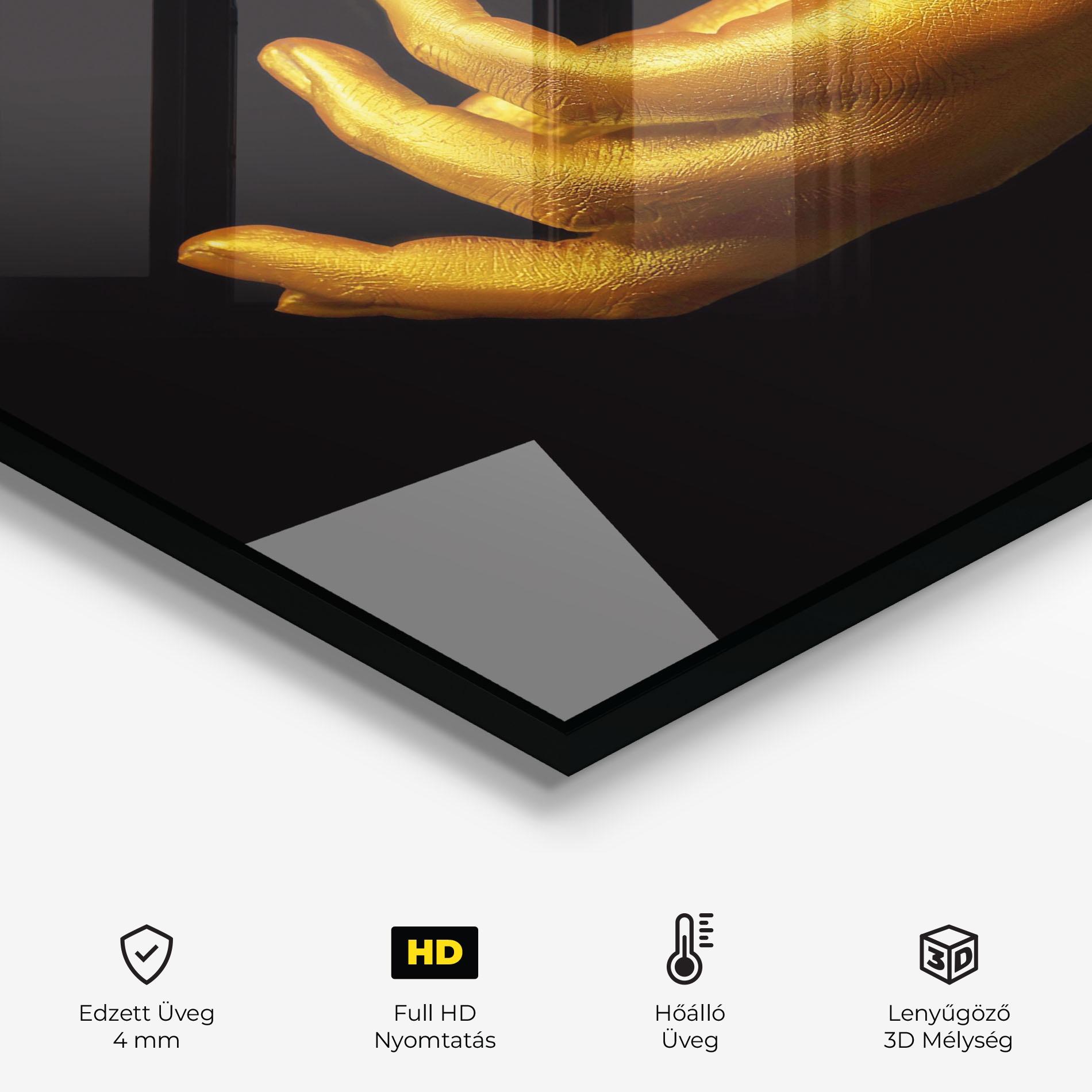 Konyhai üveg hátfal Strong Gold Hand mockup 2