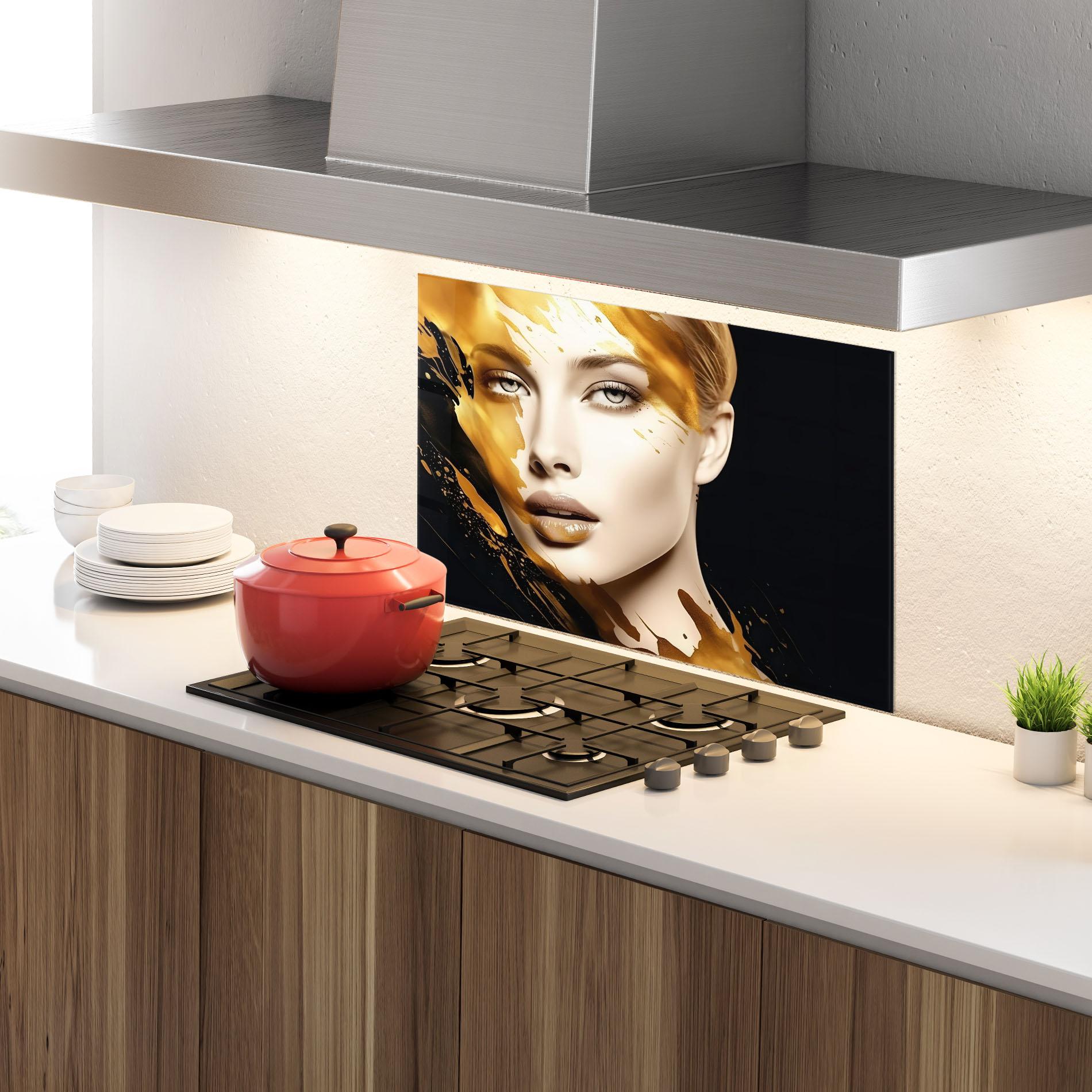 Konyhai üveg hátfal Blonde Gold Woman mockup 4