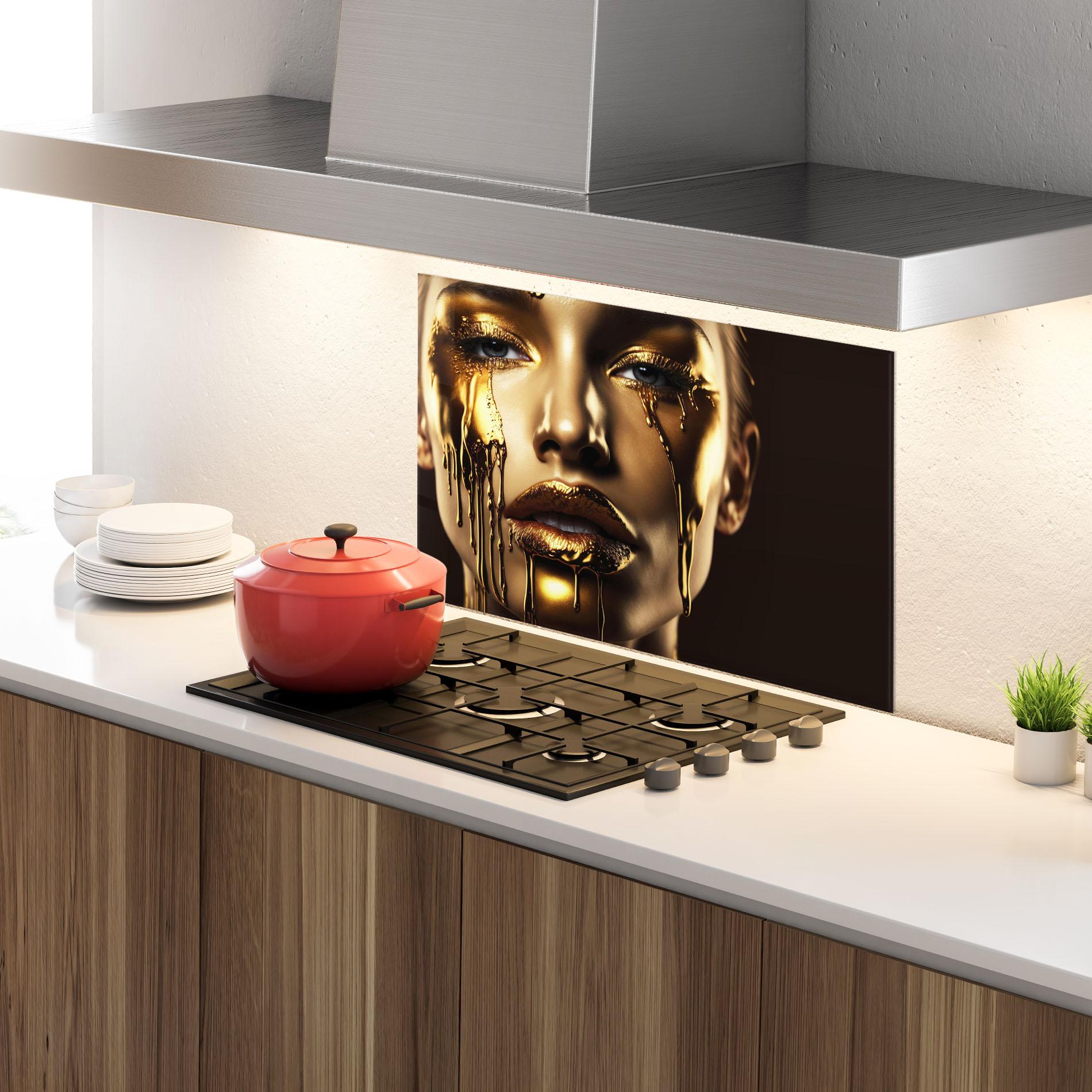 Konyhai üveg hátfal Yellow Dripping Gold mockup 4