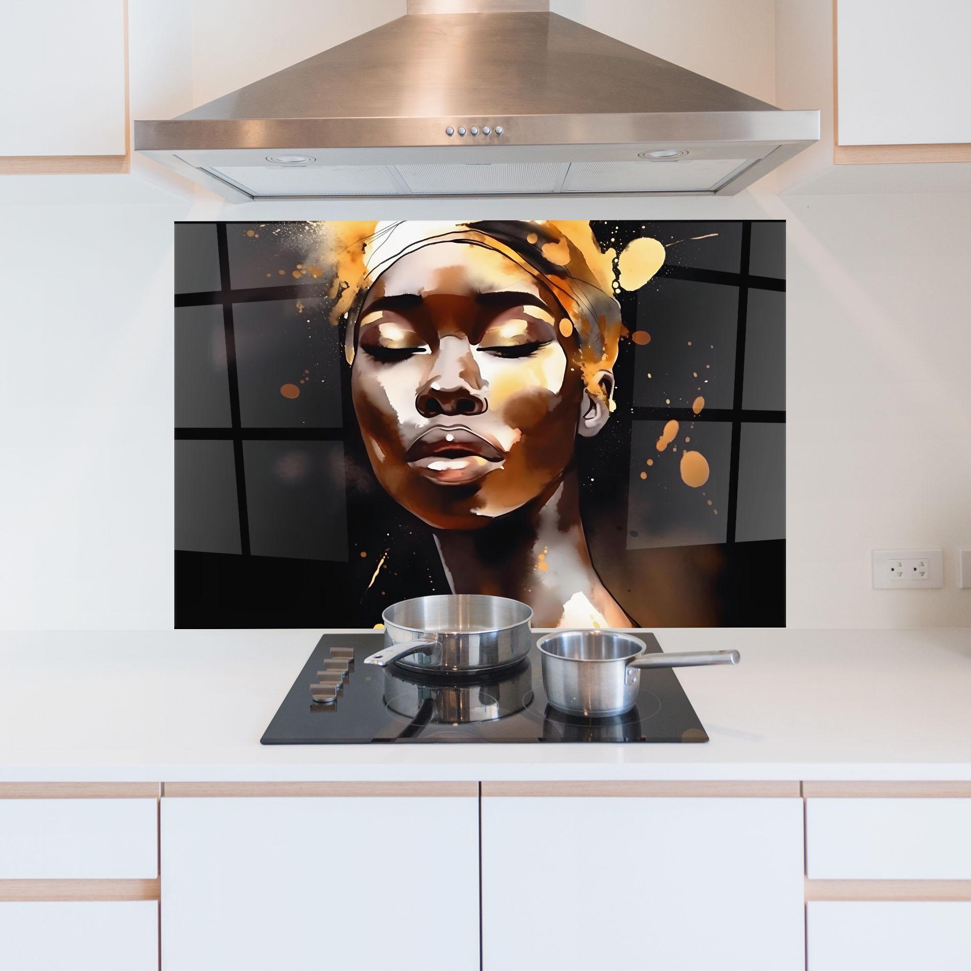 Konyhai üveg hátfal Abstract Gold Woman mockup 5
