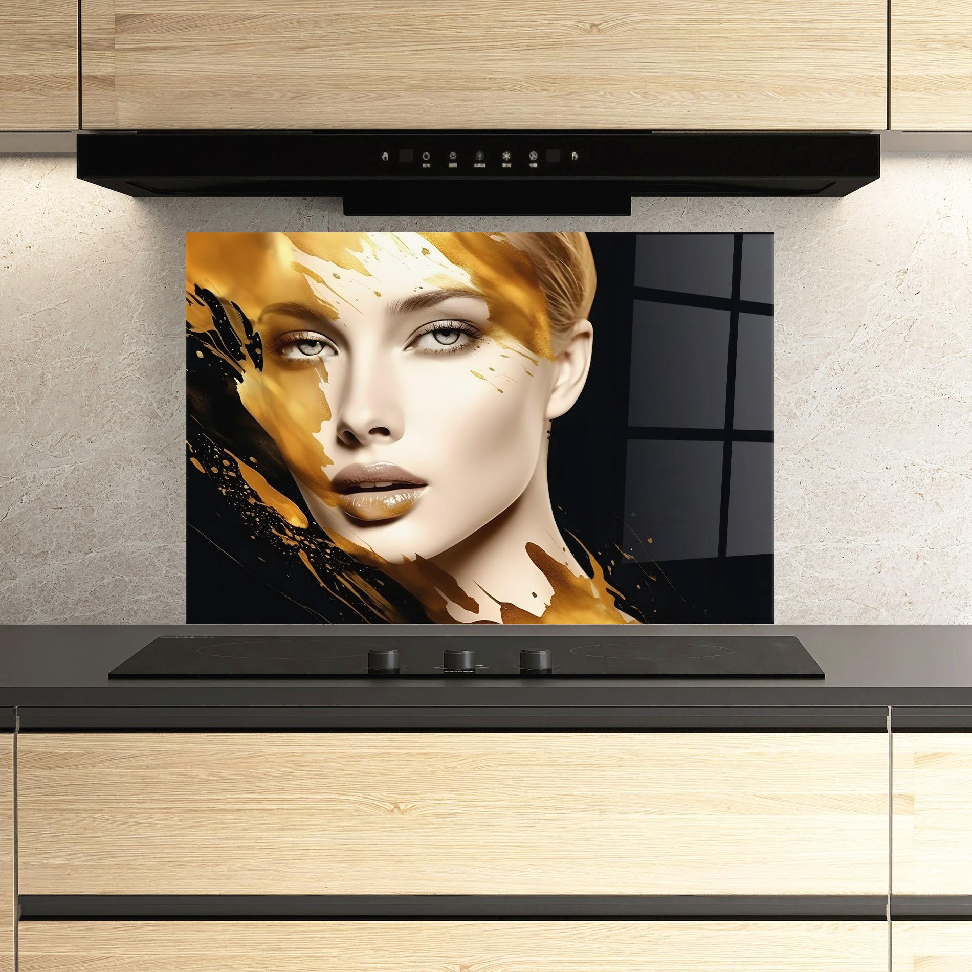 Konyhai üveg hátfal Blonde Gold Woman mockup 3