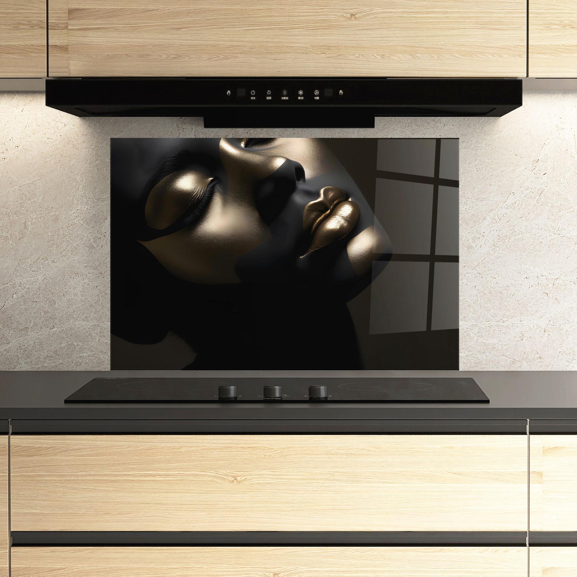 Konyhai üveg hátfal Dark Gold Face mockup 3