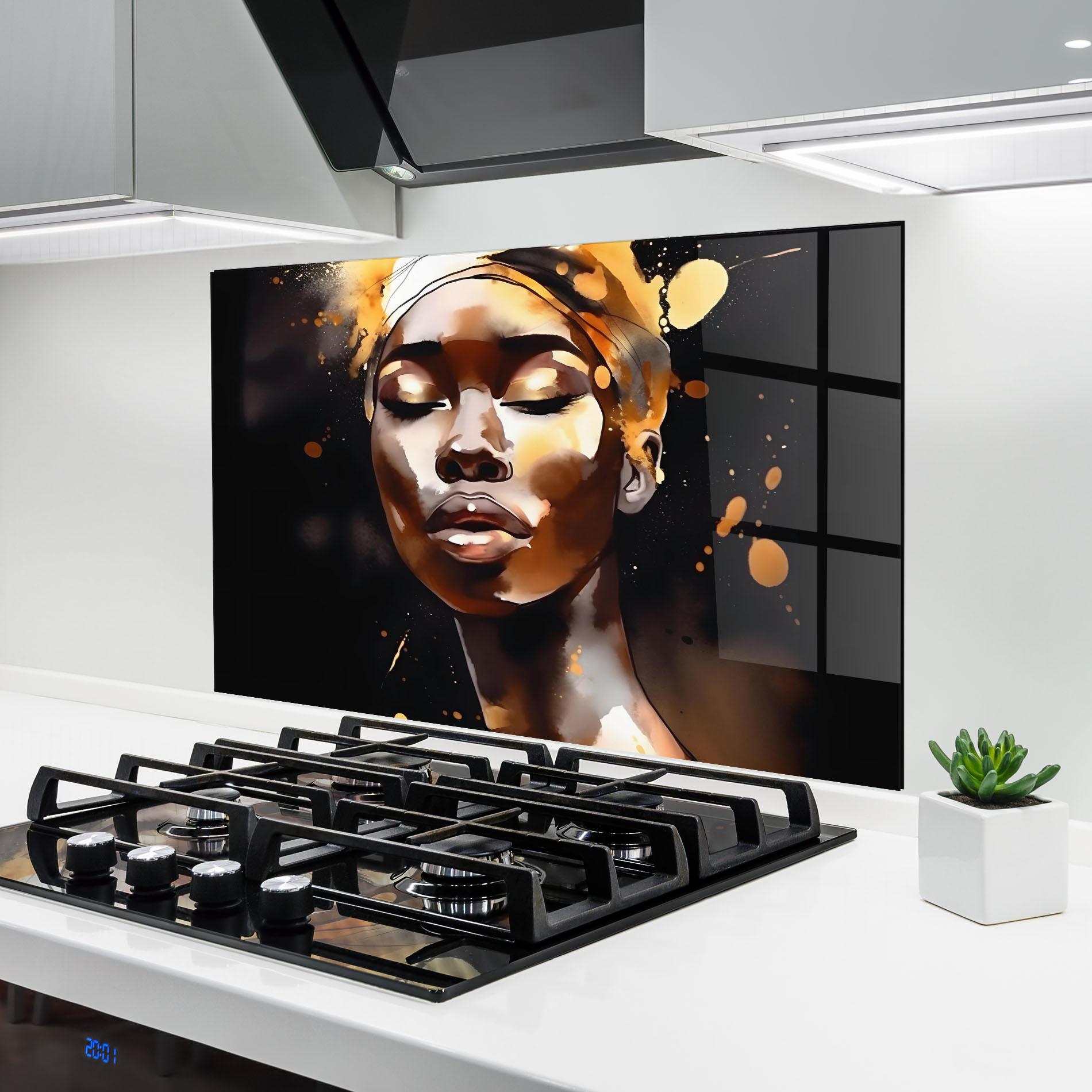Konyhai üveg hátfal Abstract Gold Woman mockup 6