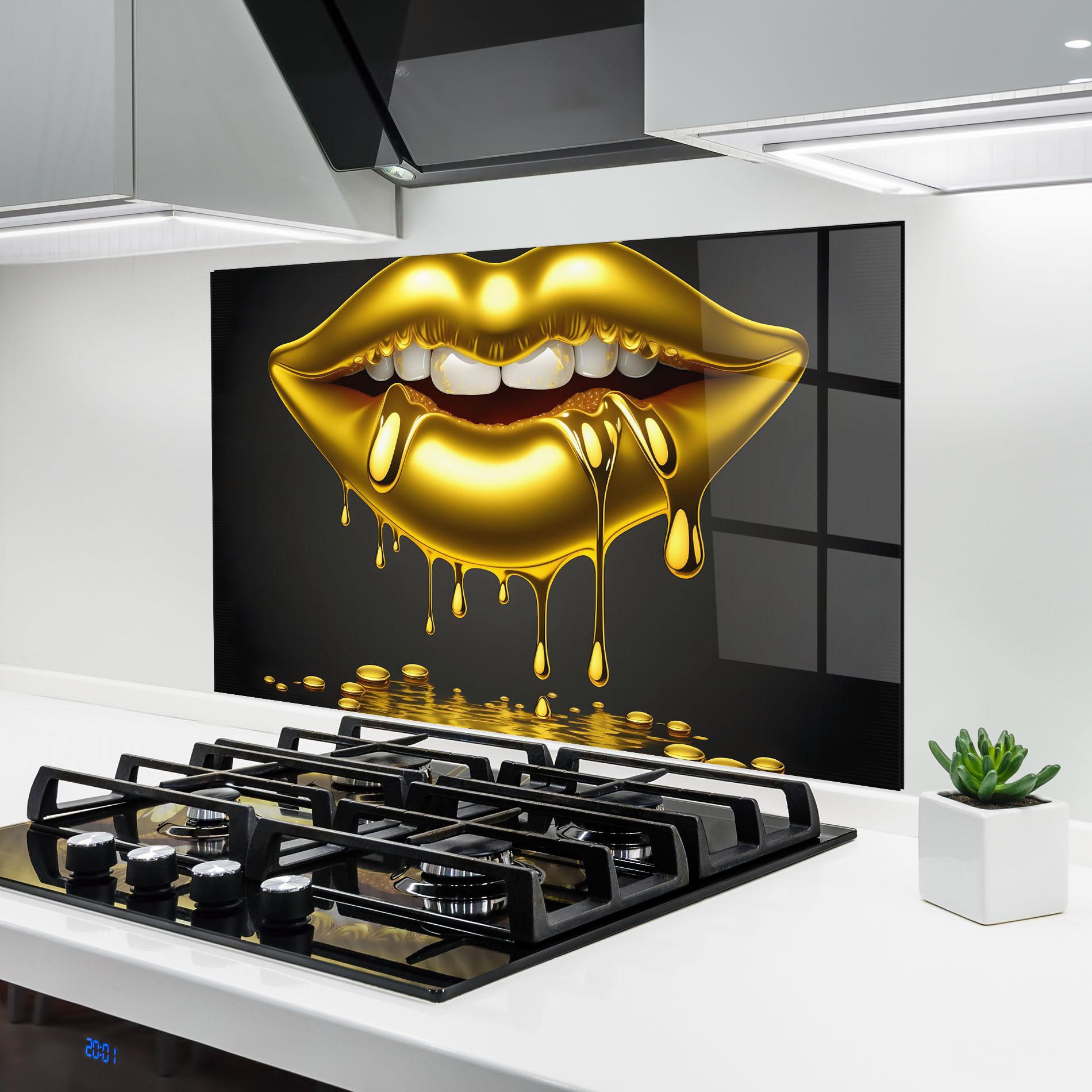 Konyhai üveg hátfal Pop Gold Lips mockup 6