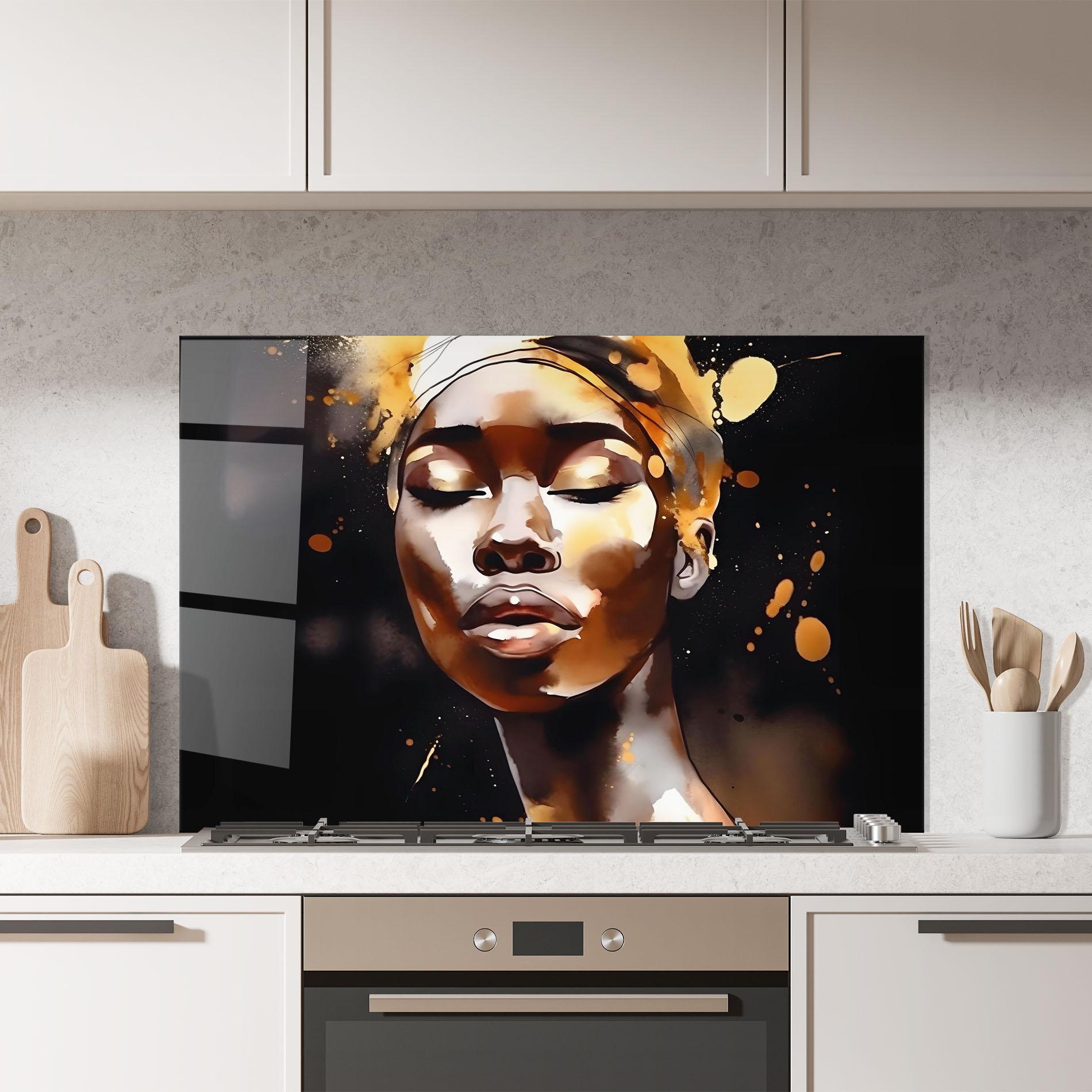Konyhai üveg hátfal Abstract Gold Woman mockup 7