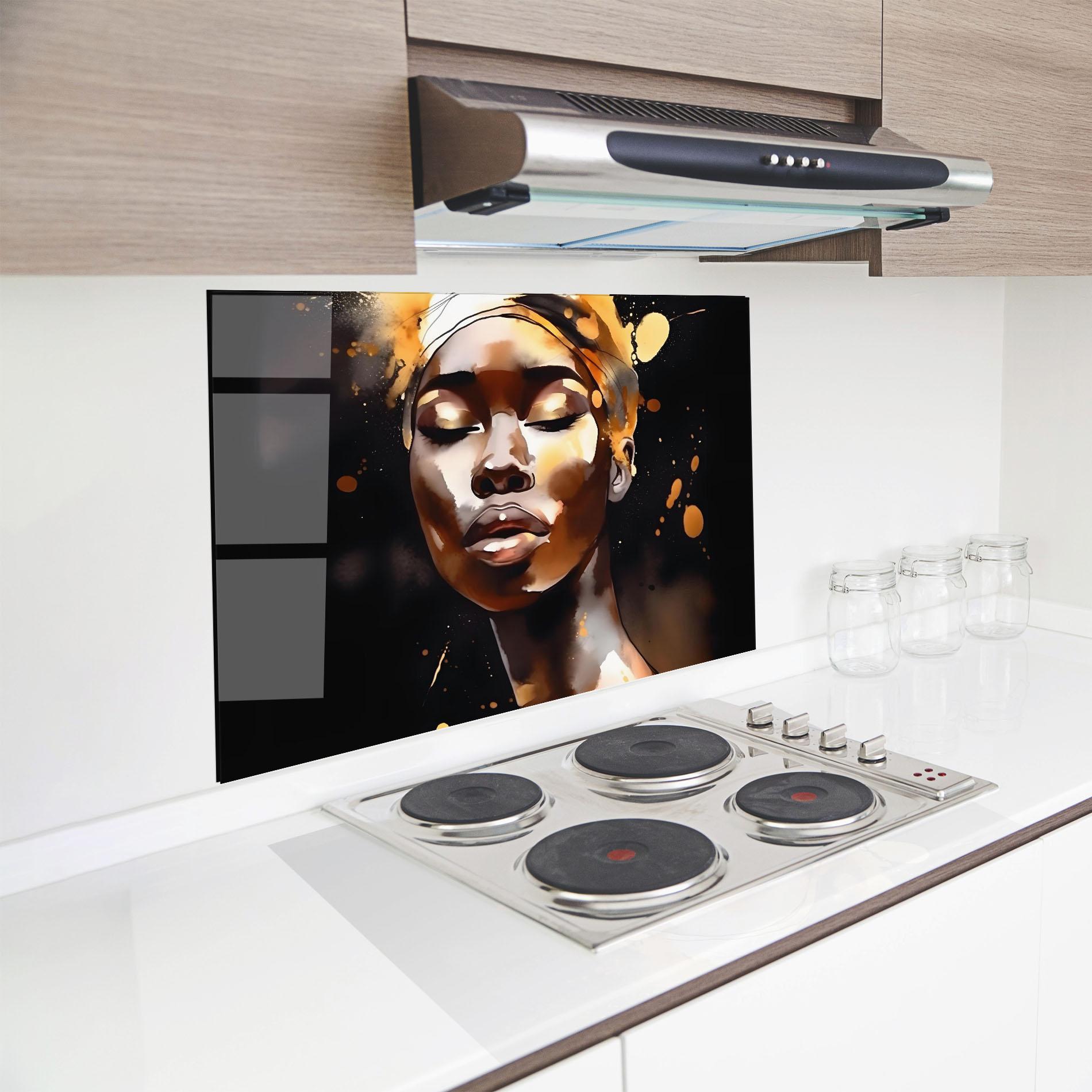 Konyhai üveg hátfal Abstract Gold Woman mockup 8