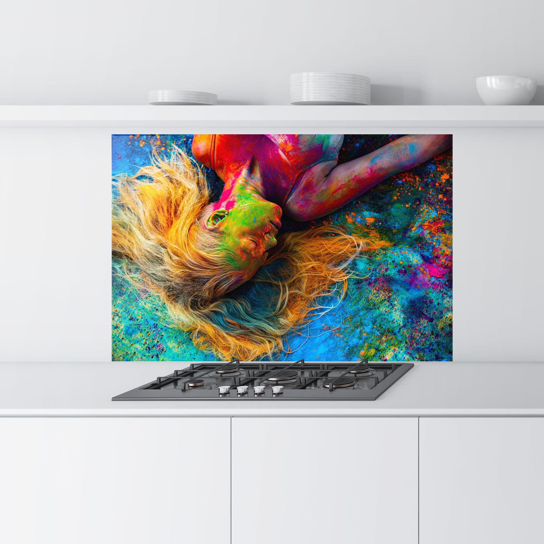 Konyhai üveg hátfal Powder Holi Woman mockup 9